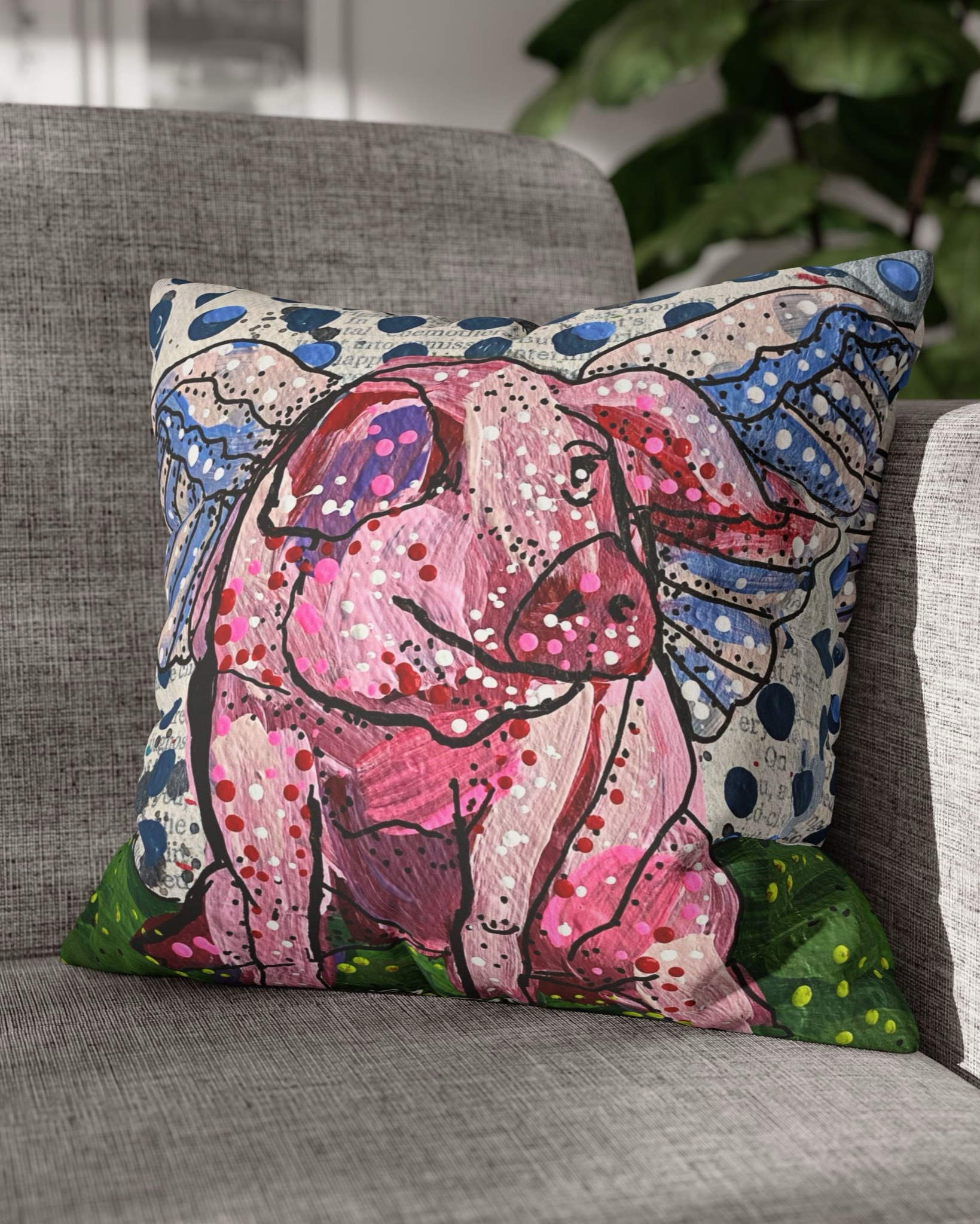 Polka Dot Flying Pig Faux Suede Pillowcase