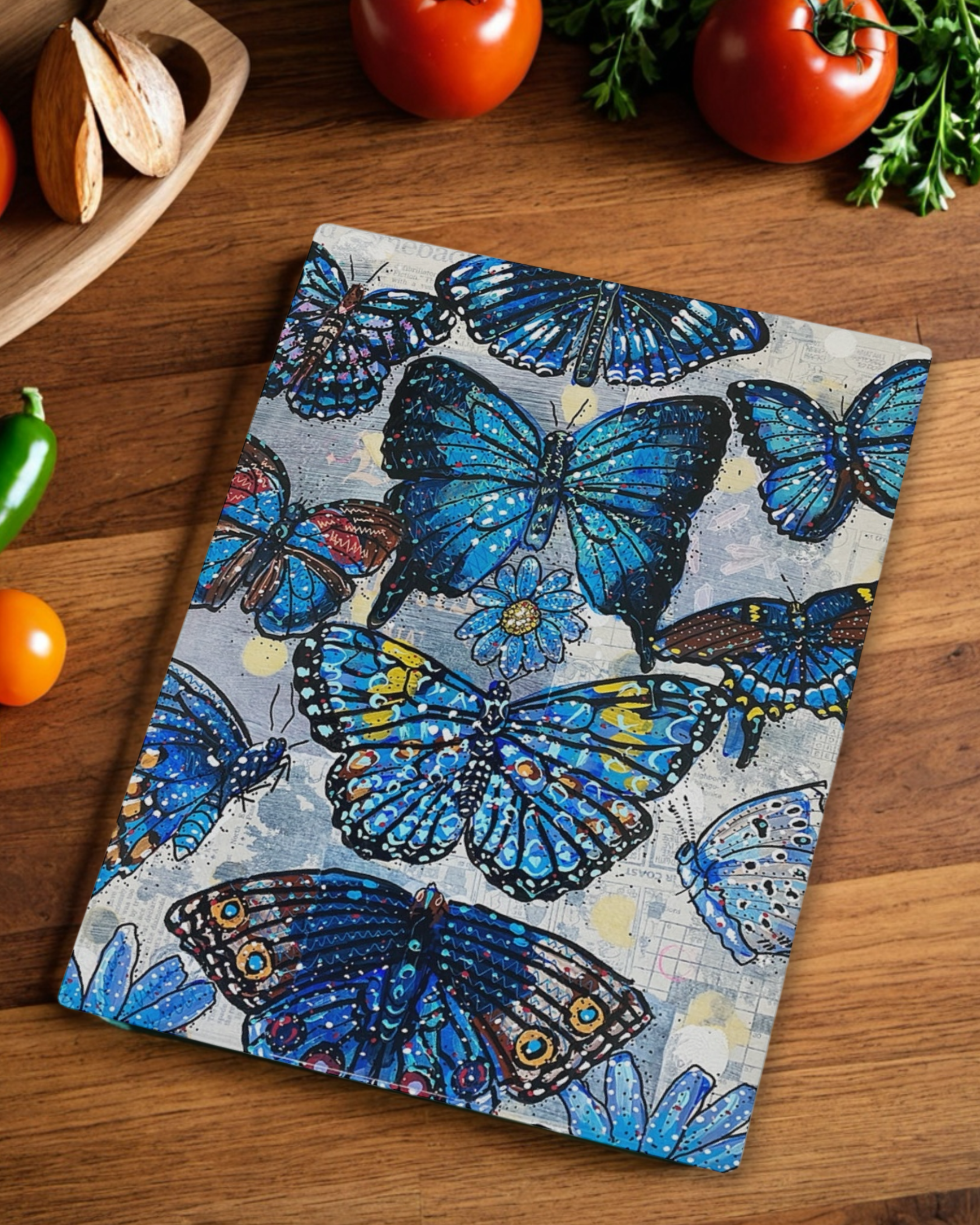 Specimen Blue Butterflies Glass Chopping Board Trivet