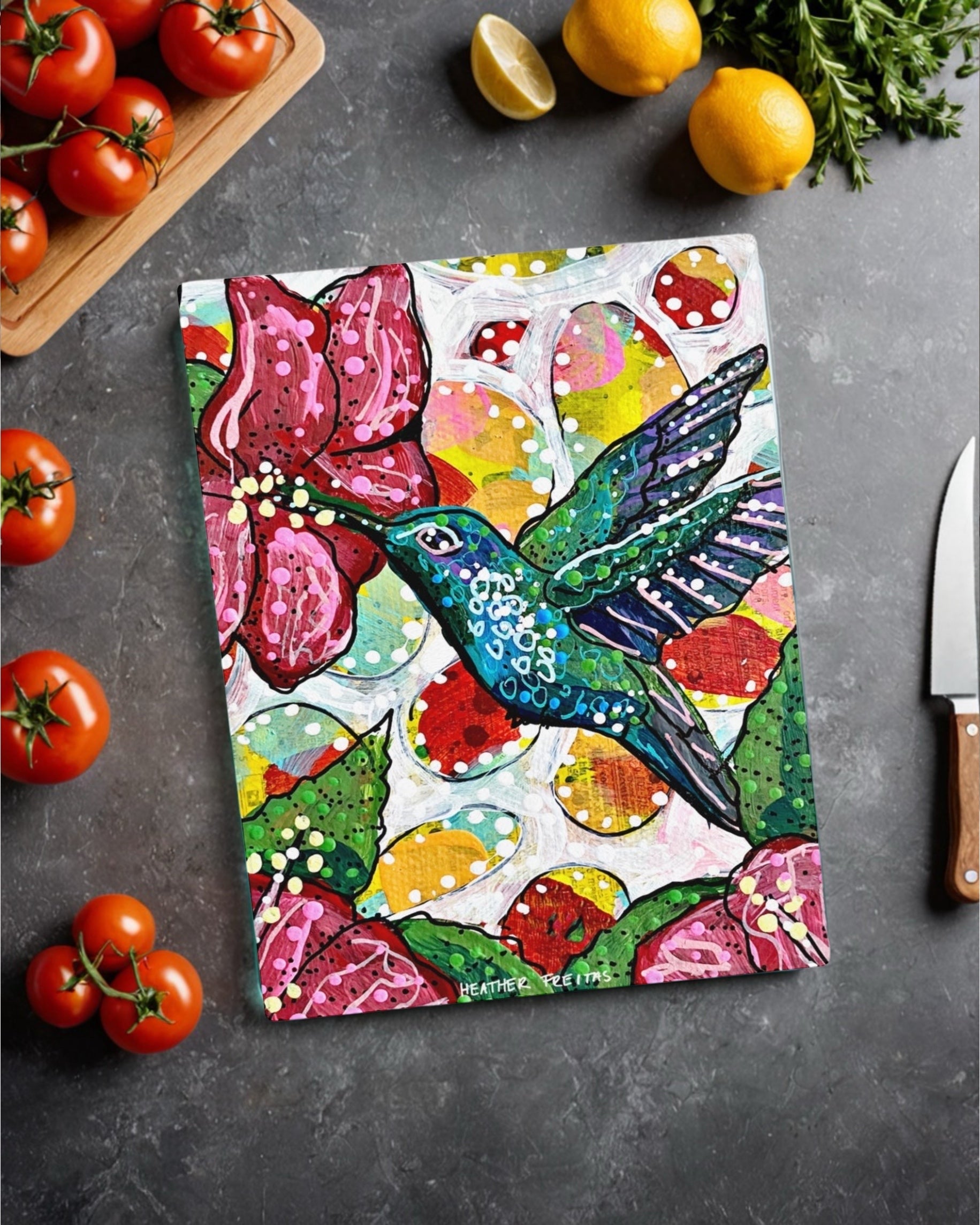 Hibiscus Hummingbird Glass Chopping Board Trivet