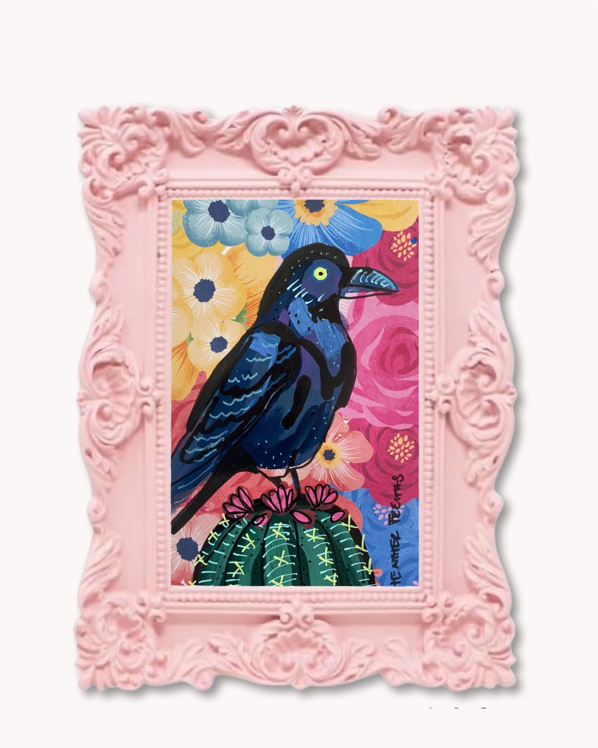 Colorful Floral Raven On Cactus ( Original Painting )