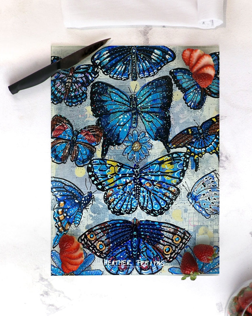 Specimen Blue Butterflies Glass Chopping Board Trivet