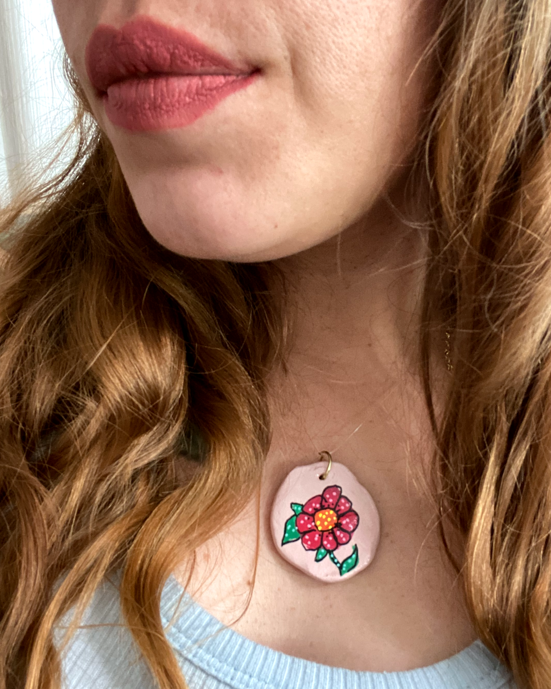 Rose With Red Flower Hand Painted Pendant