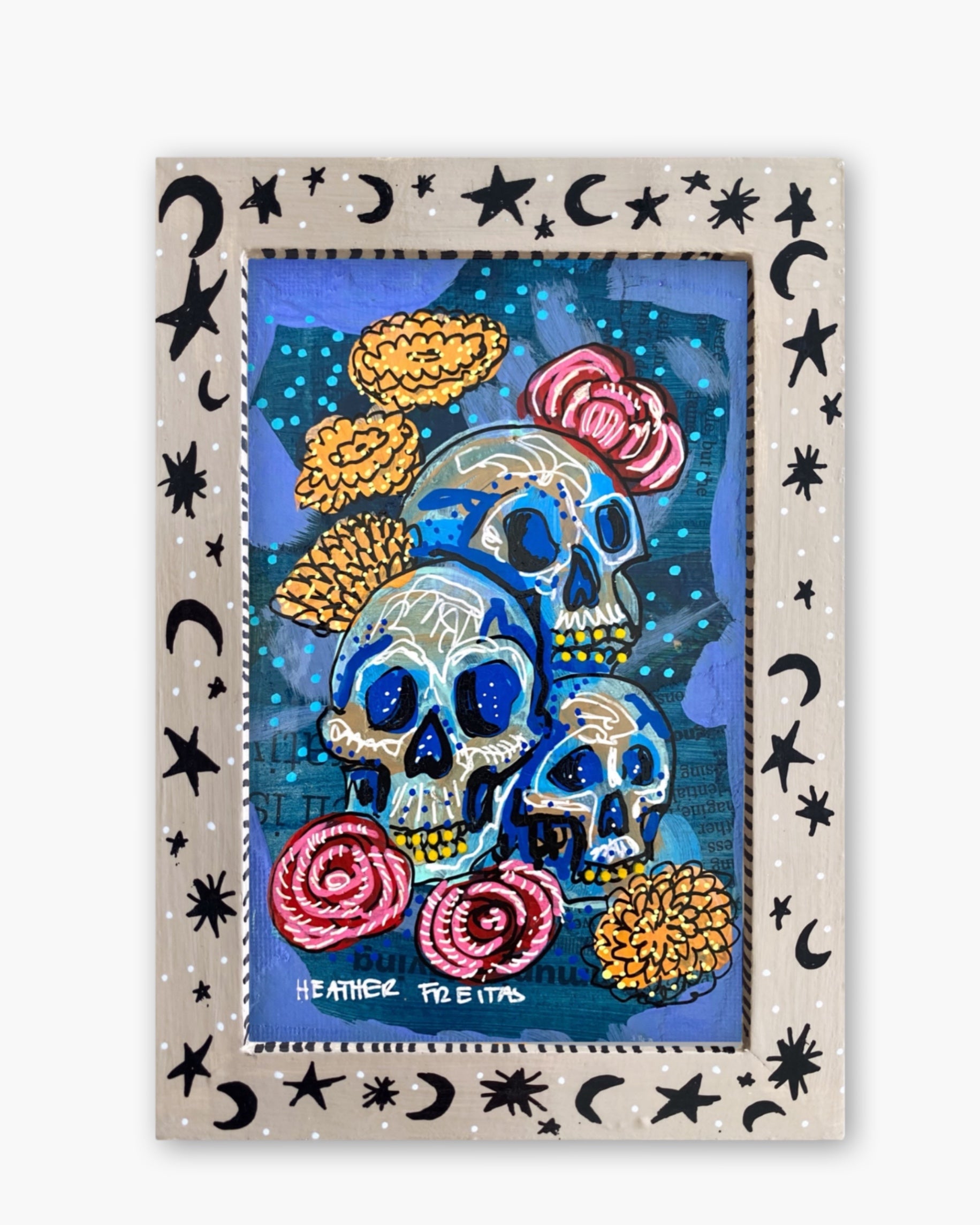 Midnight Floral Skulls ( Original Painting In Hand Painted Frame )