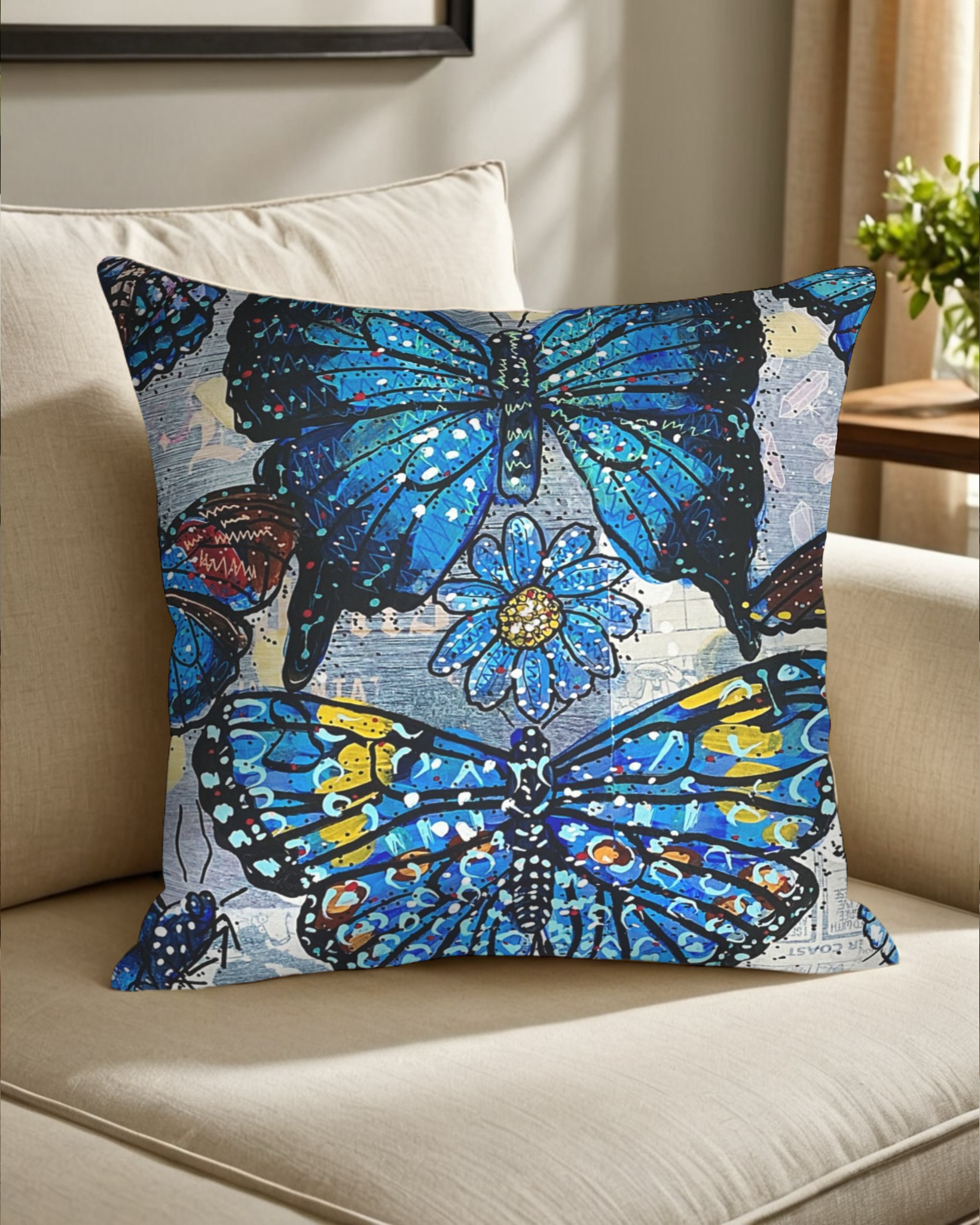 Blue Butterflies Faux Suede Pillowcase