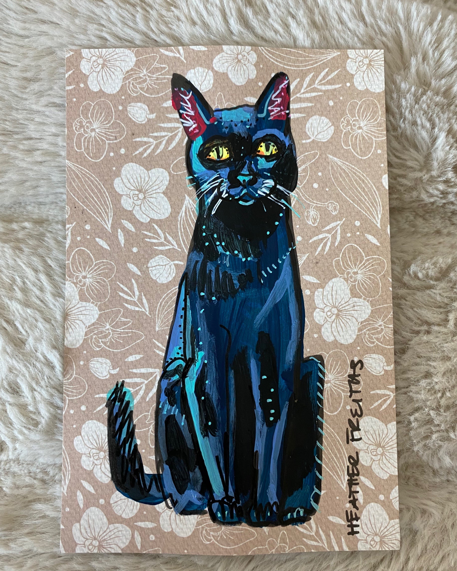 Vintage Floral Black Cat ( Original Painting )