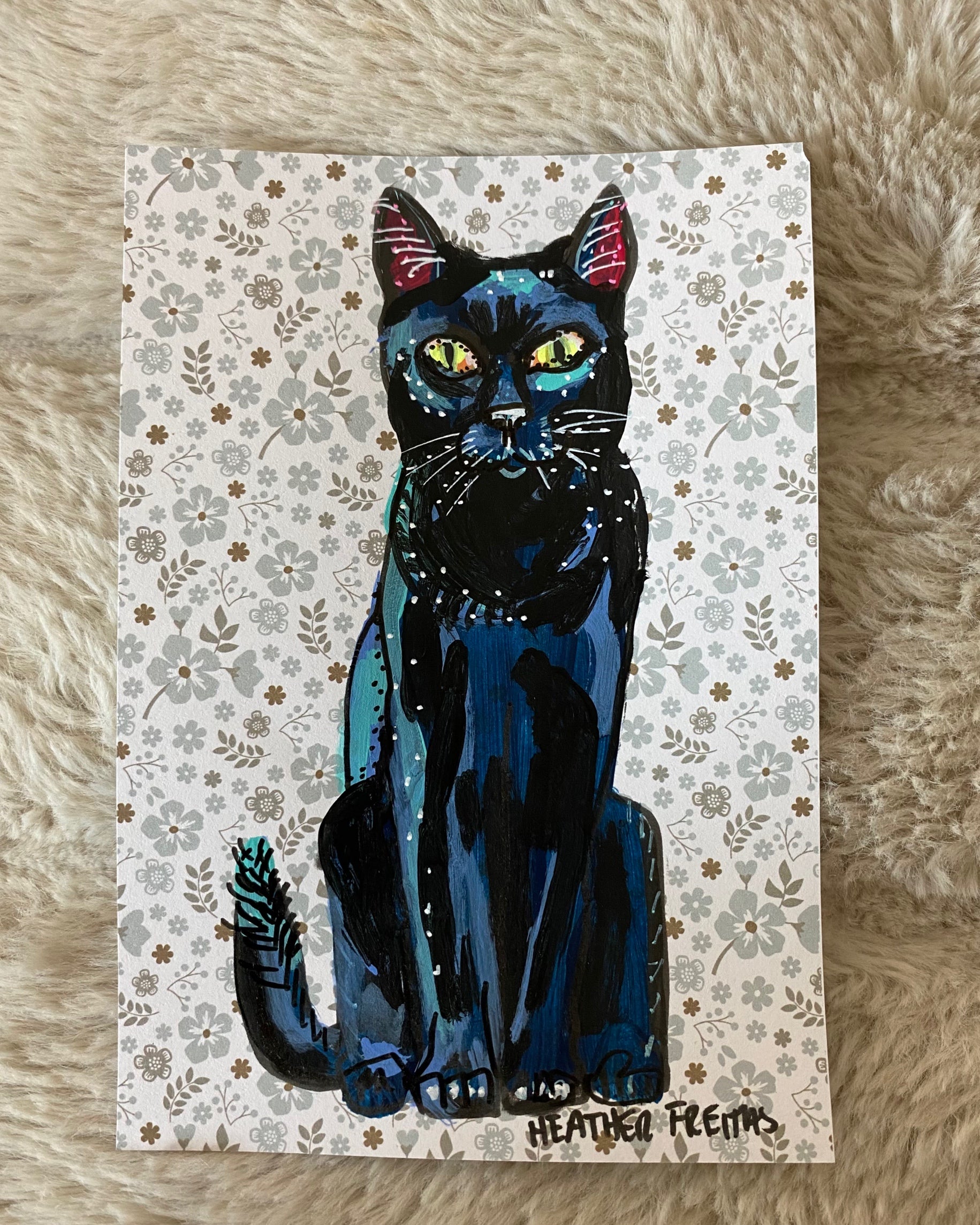 Floral Pattern Black Cat ( Original Painting )