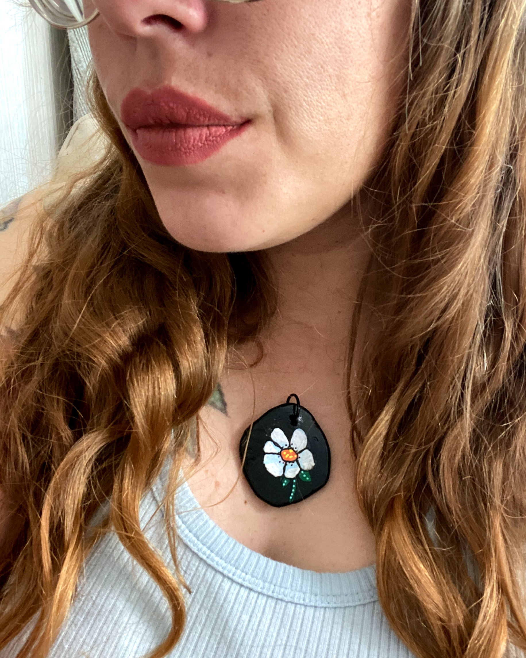 Black With White Flower Hand Painted Pendant