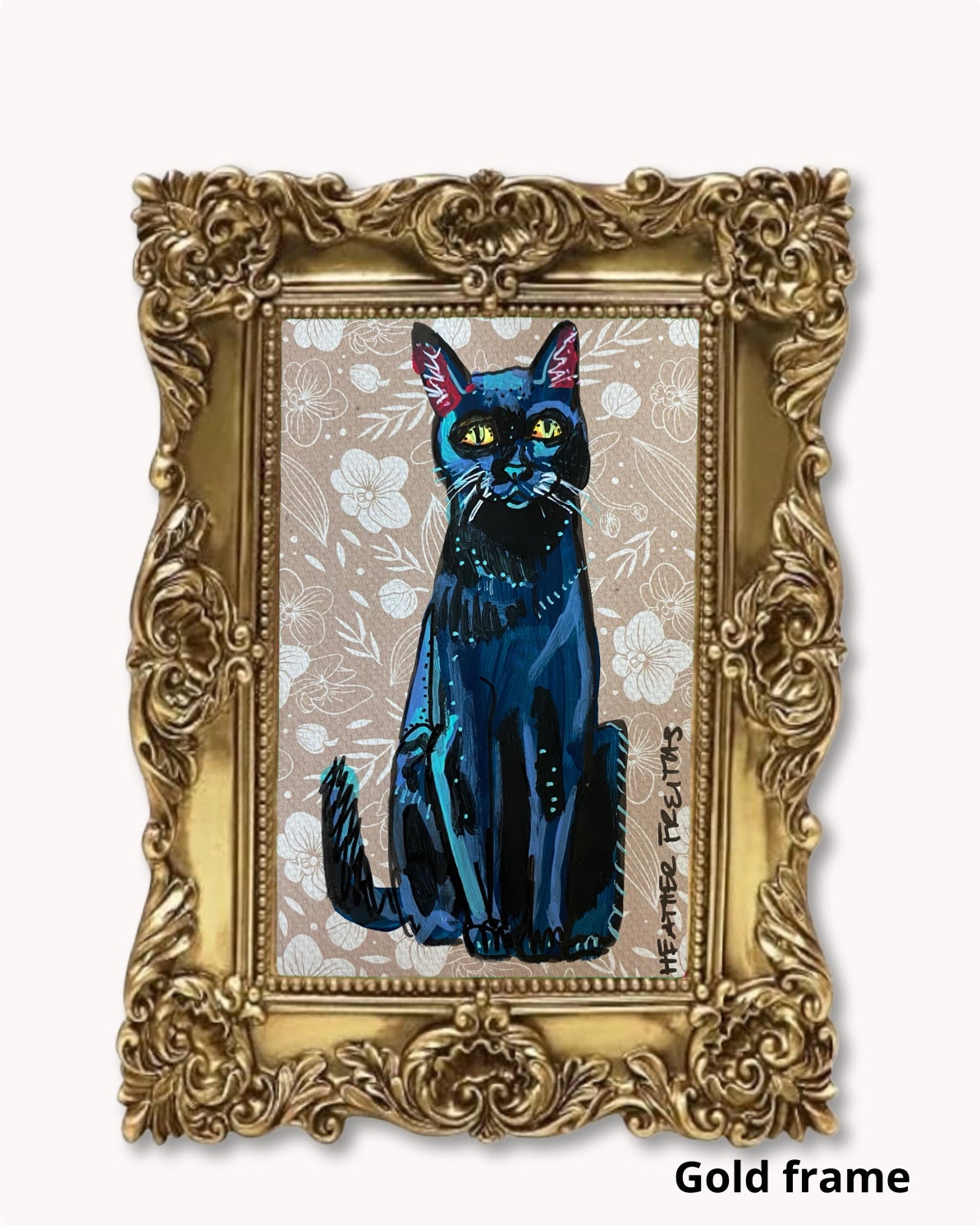 Vintage Floral Black Cat ( Original Painting )