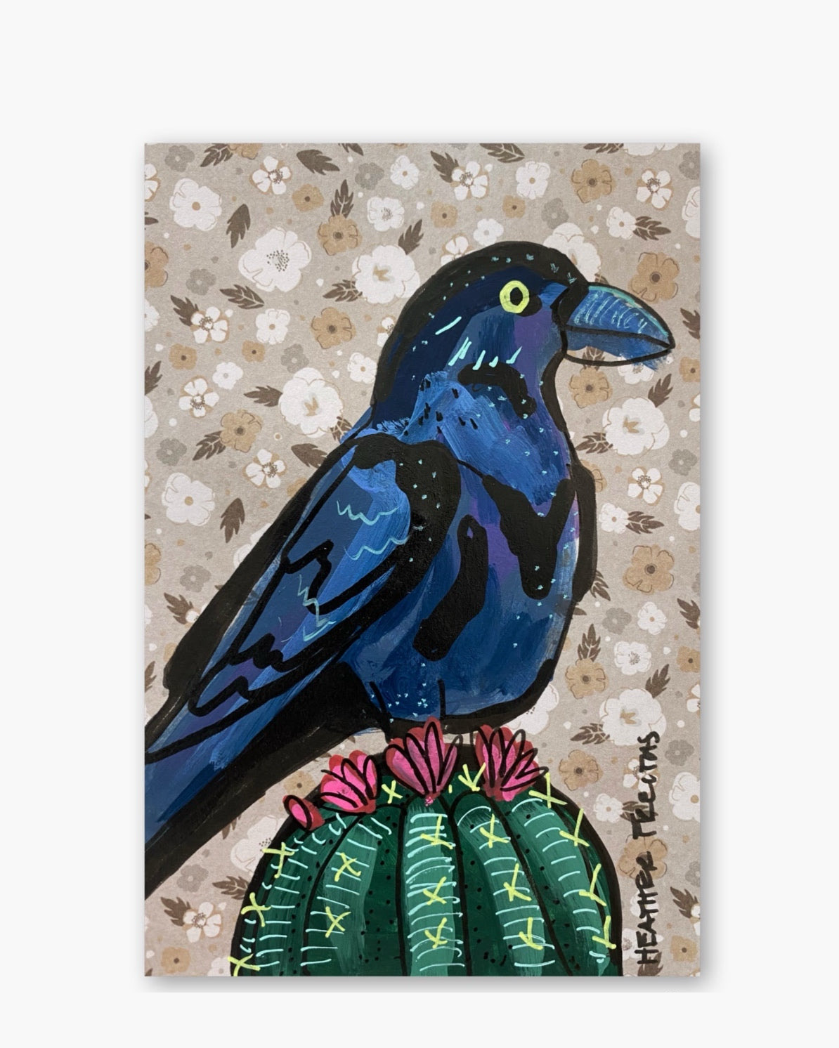 Antique Floral Raven On Cactus ( Original Painting )