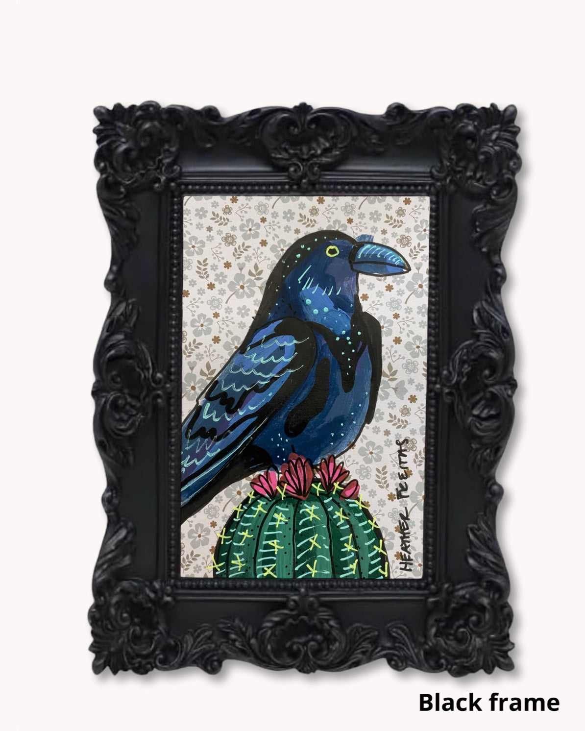 Vibtage Floral Raven On Cactus ( Original Painting )