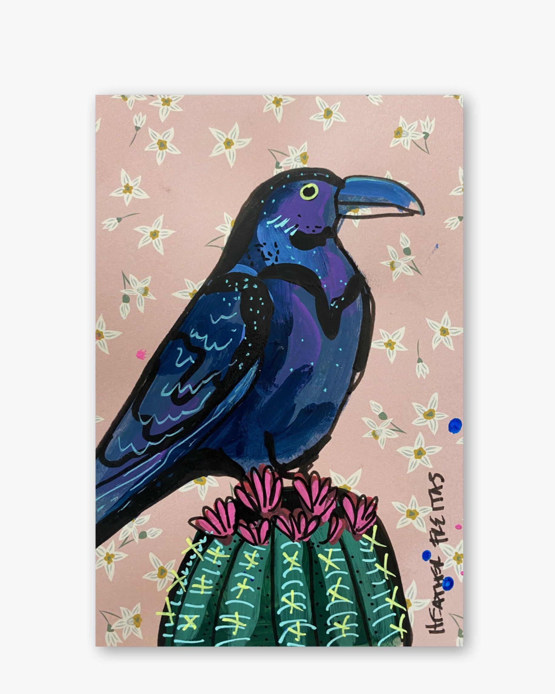 Blush Floral Raven On Cactus ( Original Painting )