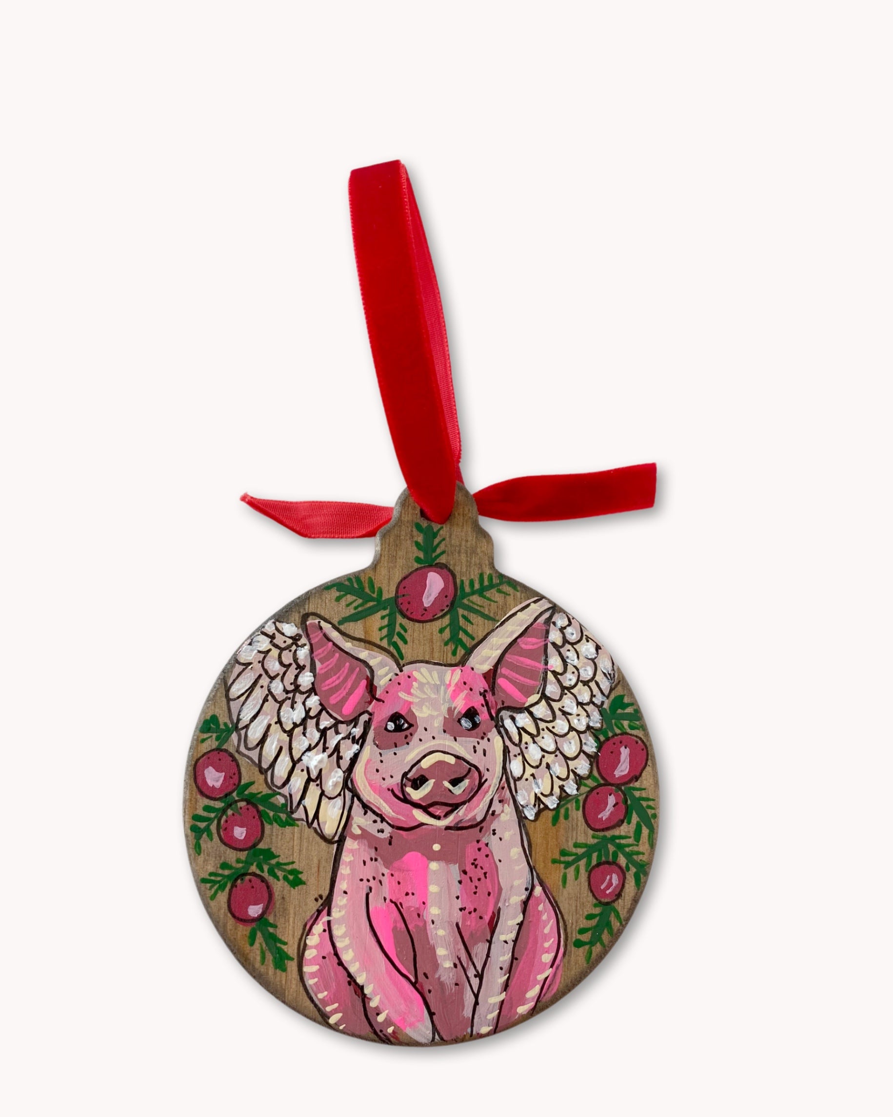 Flying Pig & Wreath Hand Painted Ornament