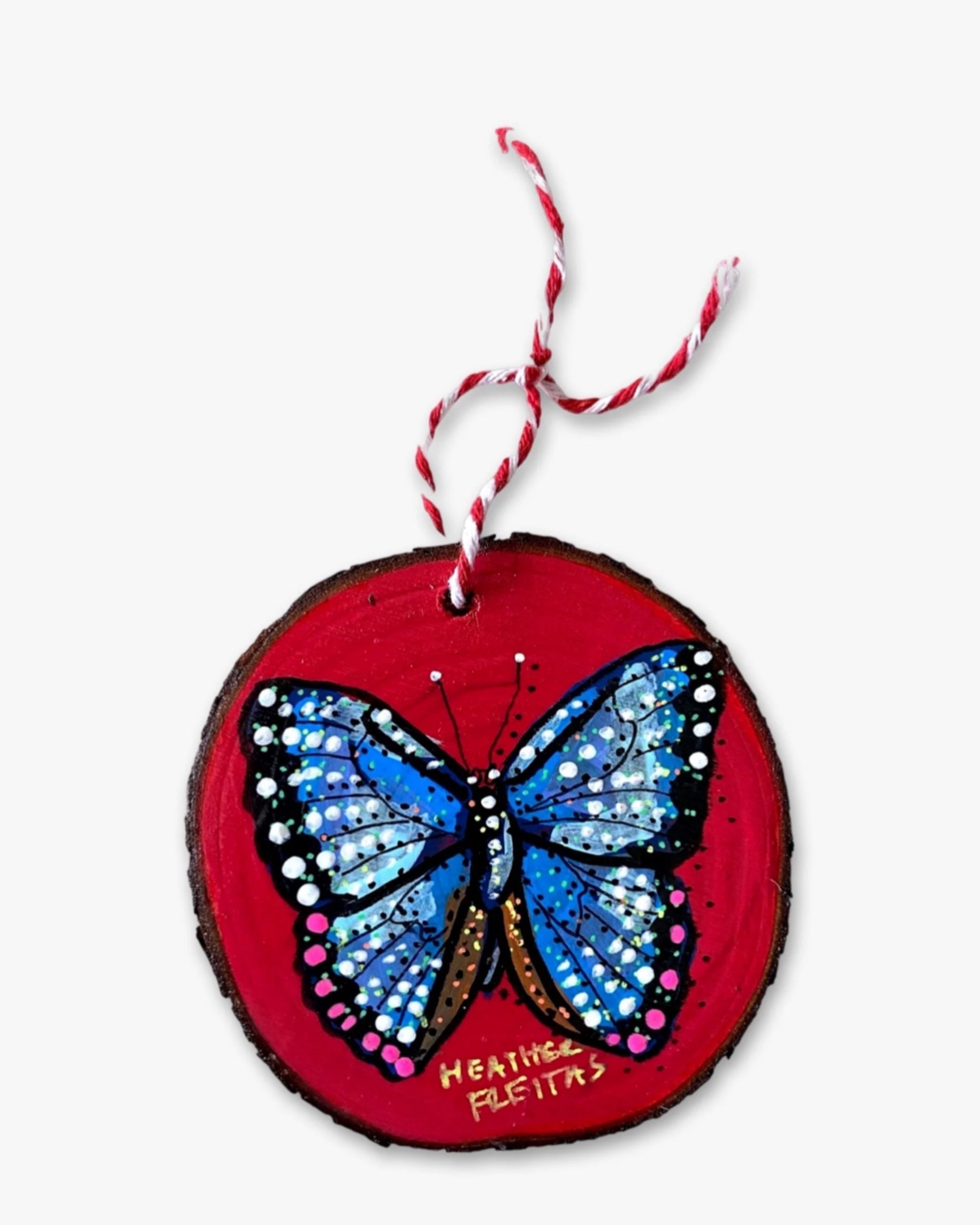 Festive Red & Desert Blue Butterfly - Hand Painted Ornament