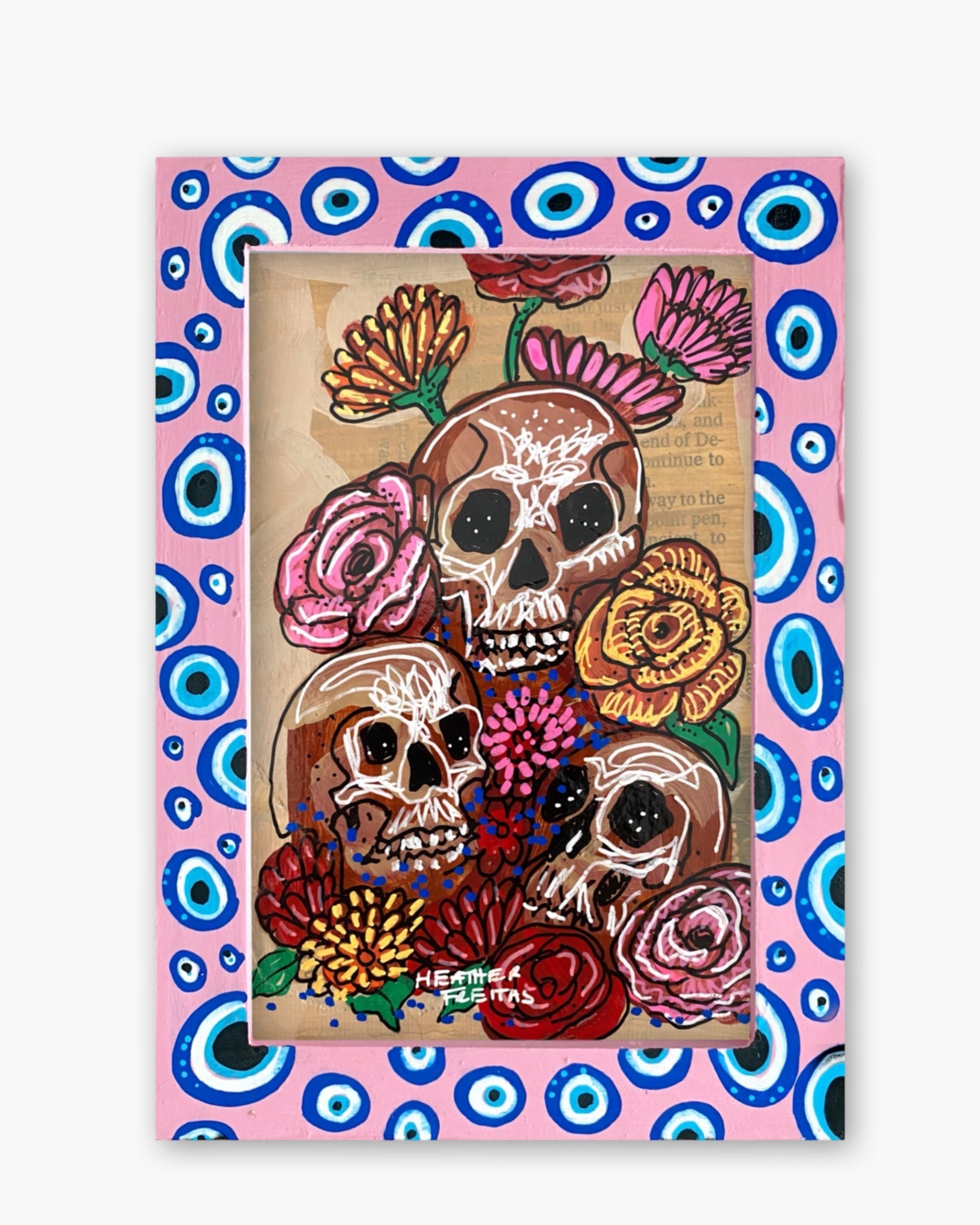 Desert Sands Floral Skulls ( Original Painting In Hand Painted Frame )