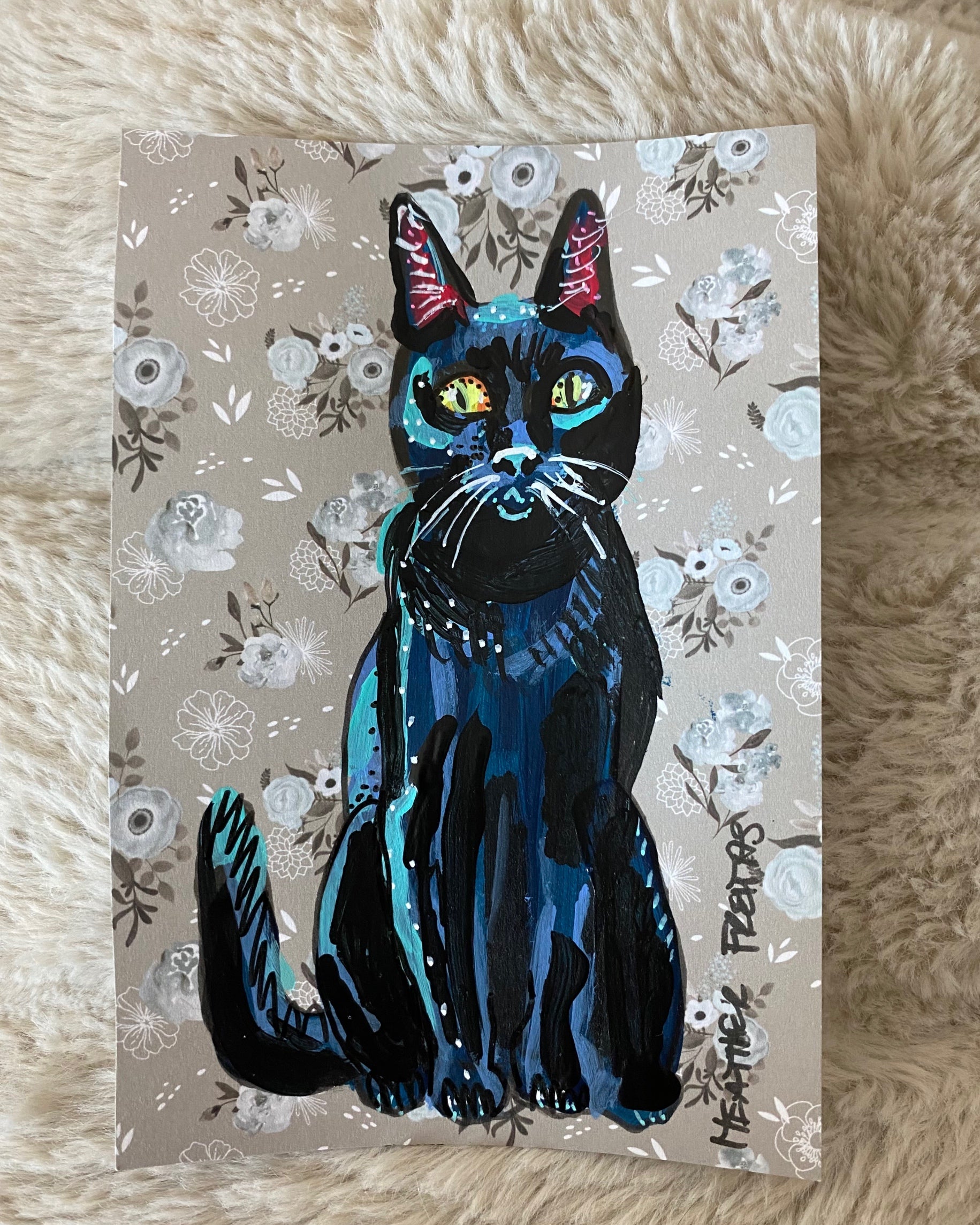 Floral Bouquet Black Cat ( Original Painting )