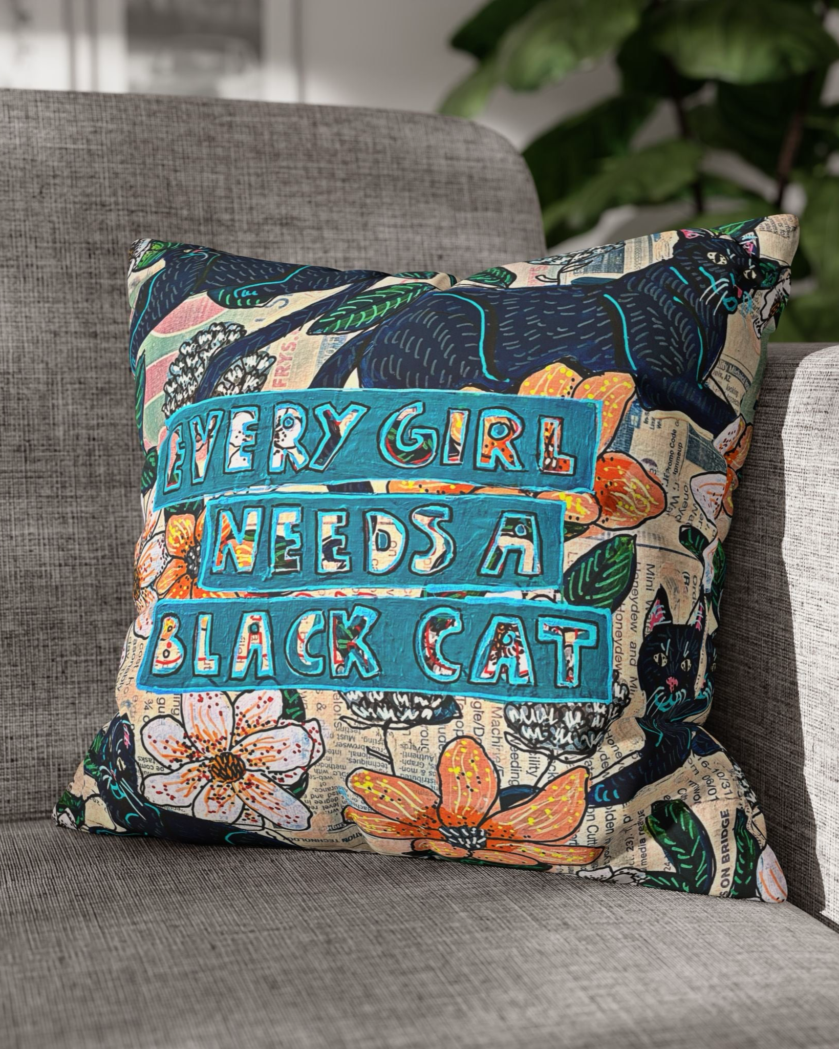 Every Girl Needs A Black Cat Faux Suede Pillowcase