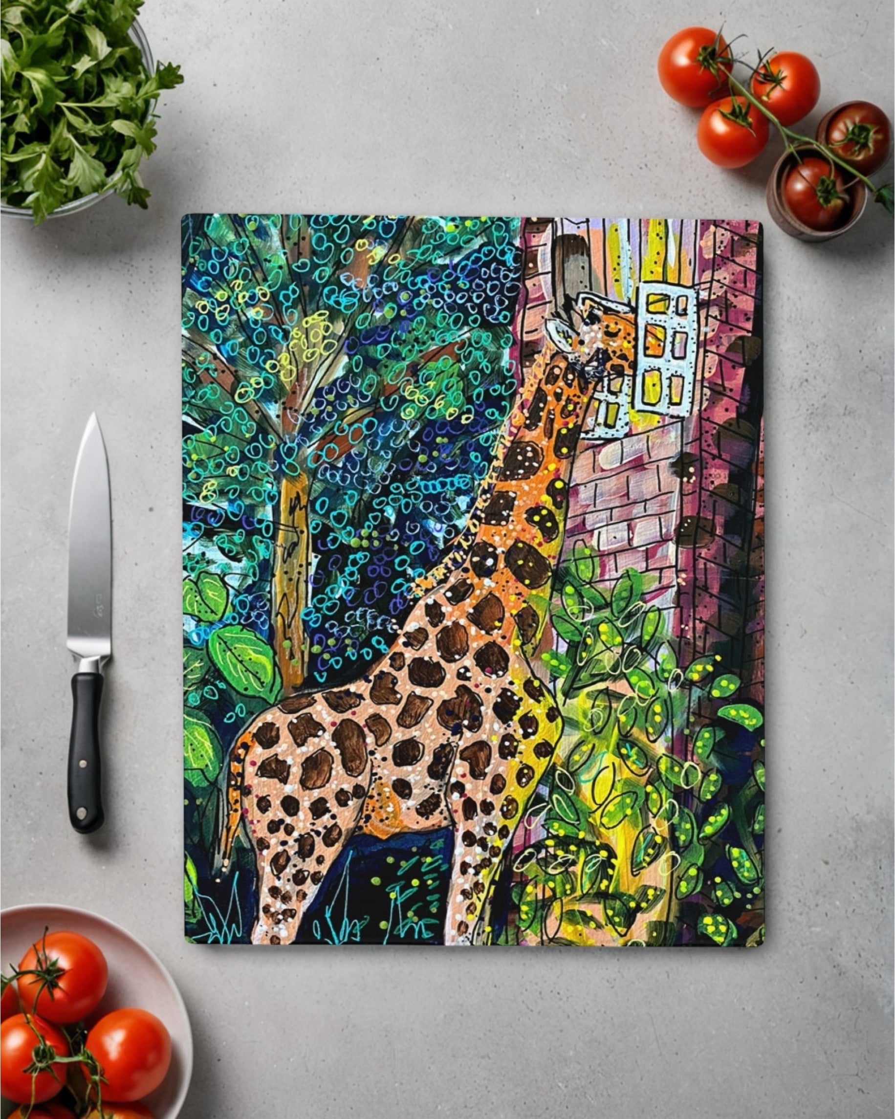 Twilight Snack Giraffe Glass Chopping Board Trivet