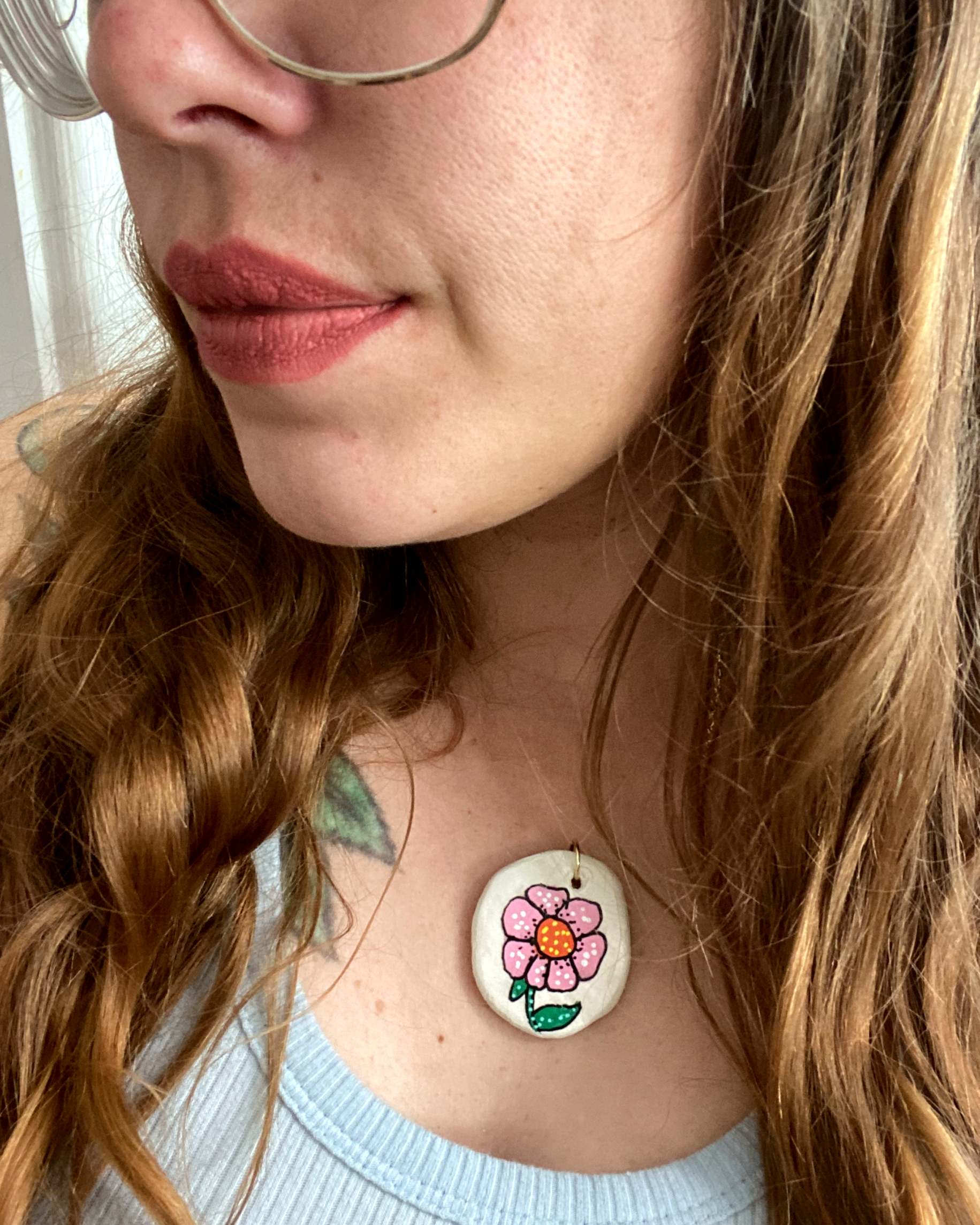 White With Pink Flower Hand Painted Pendant