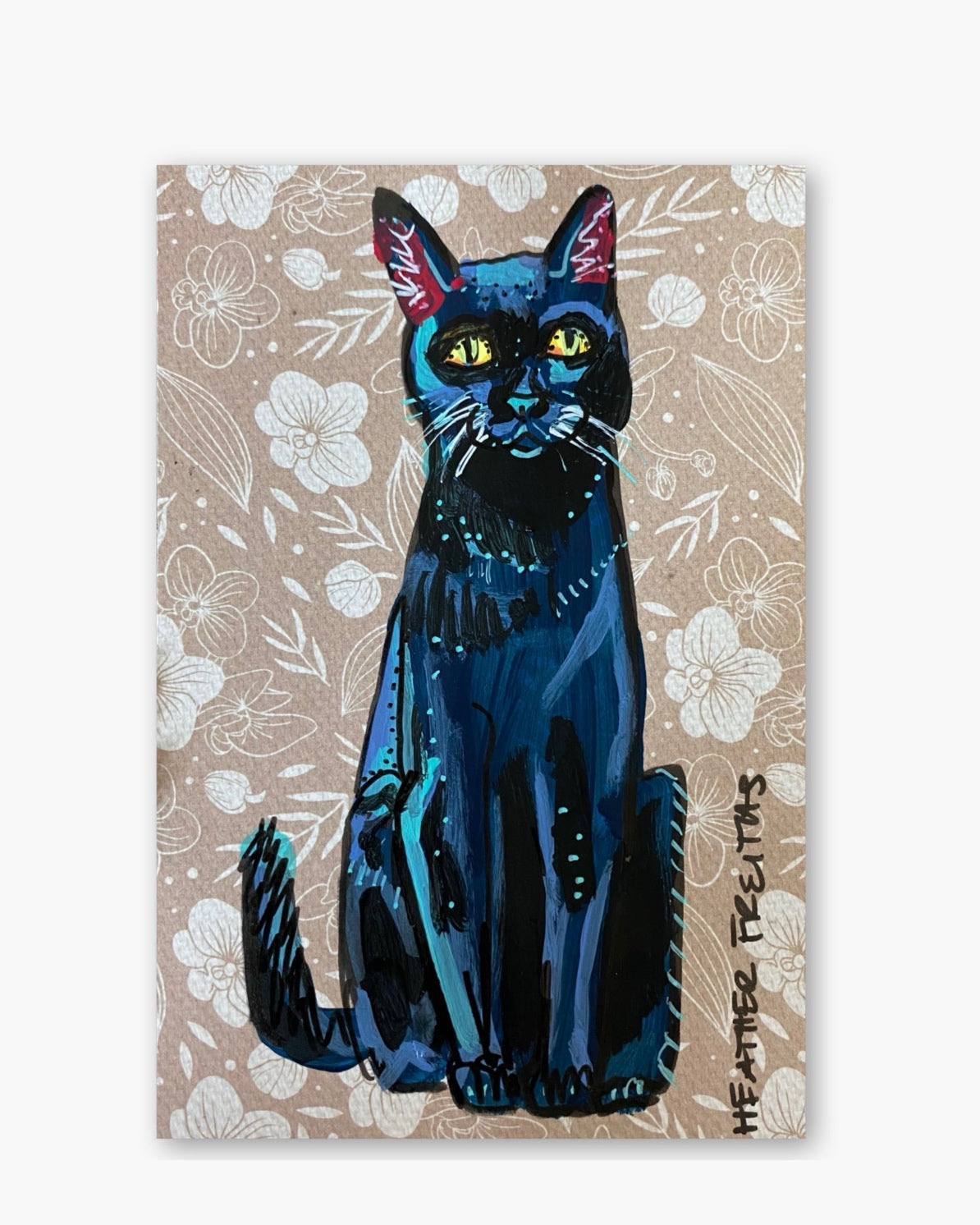 Vintage Floral Black Cat ( Original Painting )