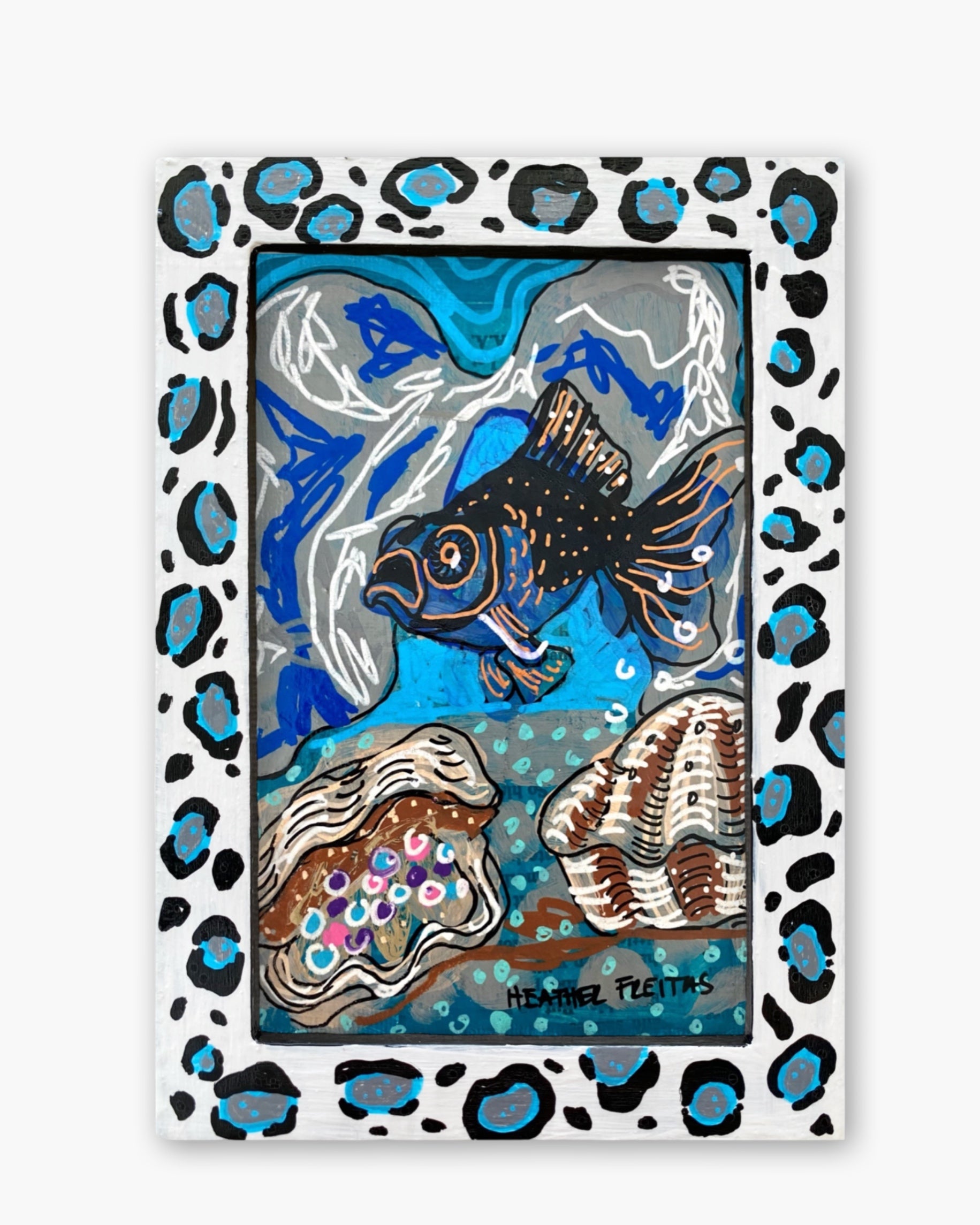 Black Goldfish With Pearl Clams ( Original Painting In Hand Painted Frame )