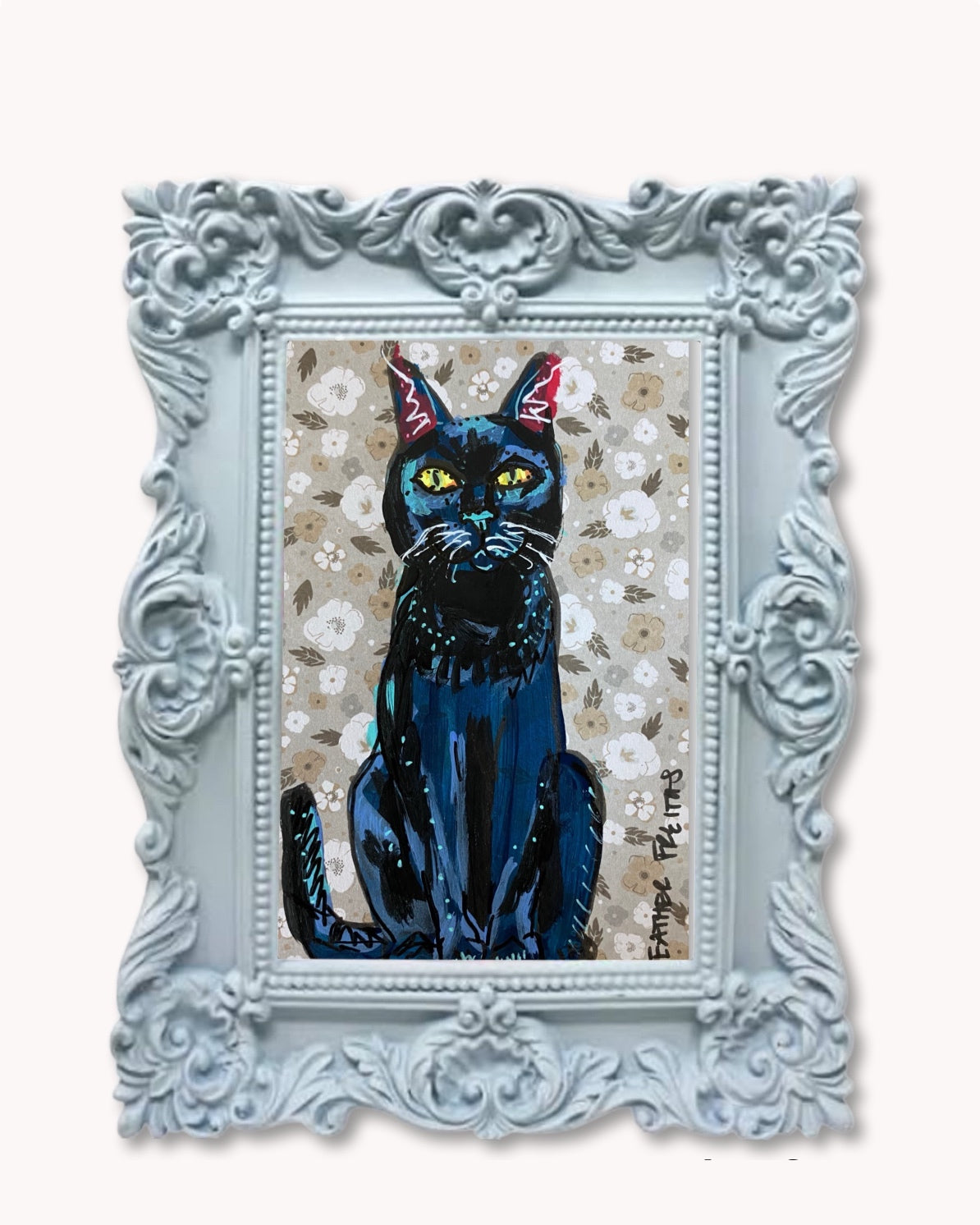 Floral Bouquet Black Cat ( Original Painting )