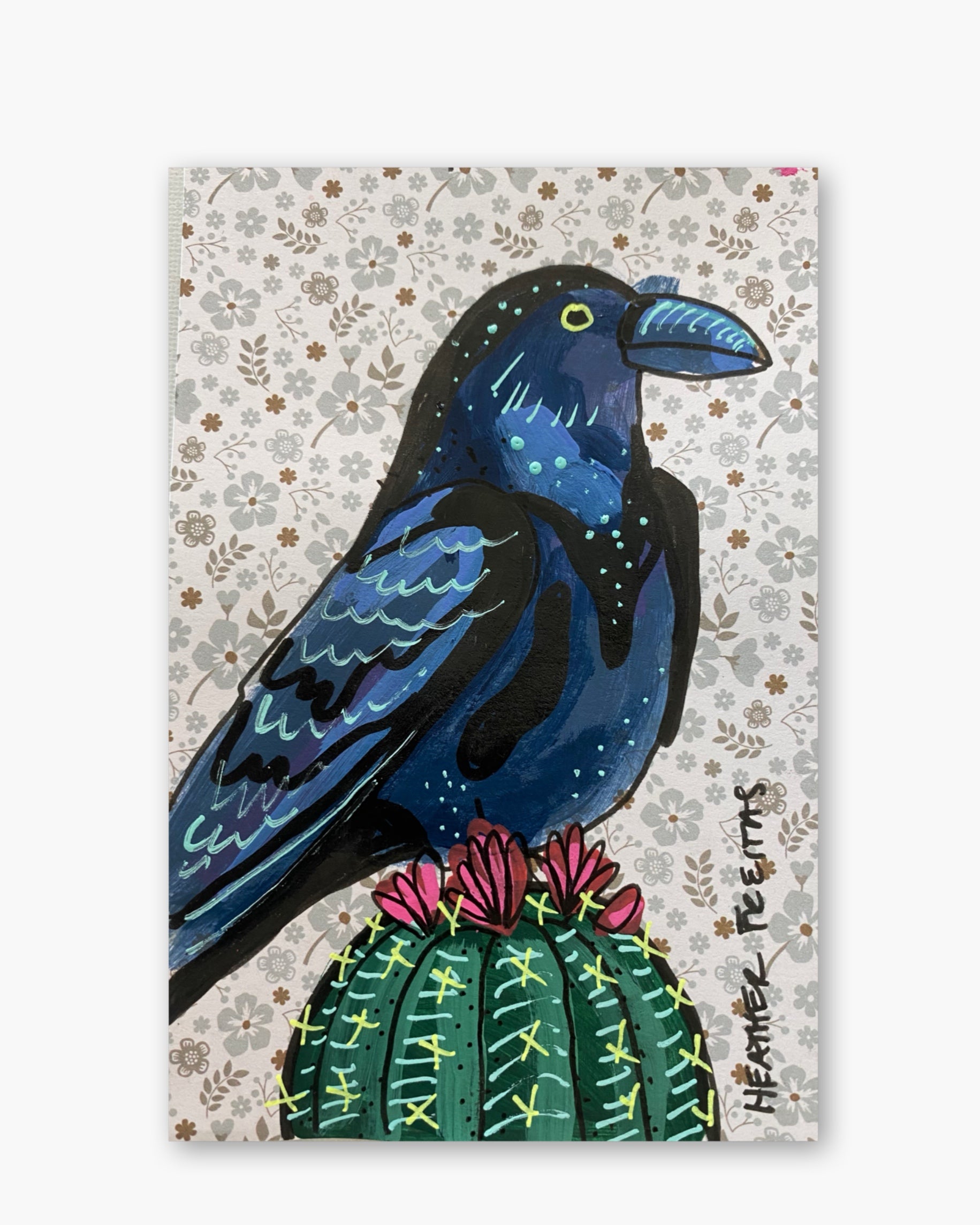 Vibtage Floral Raven On Cactus ( Original Painting )