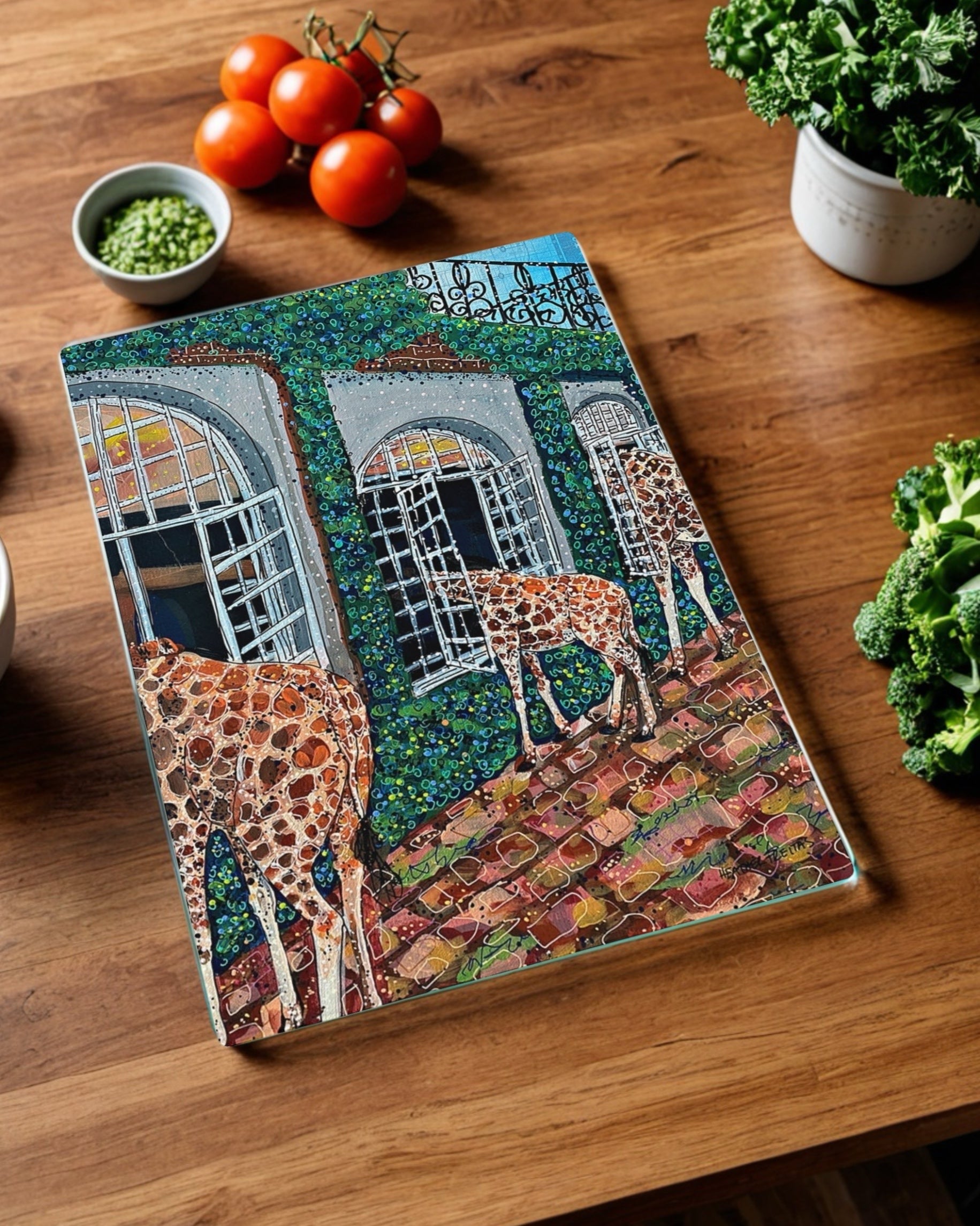 Fine Dining Giraffes Glass Chopping Board Trivet