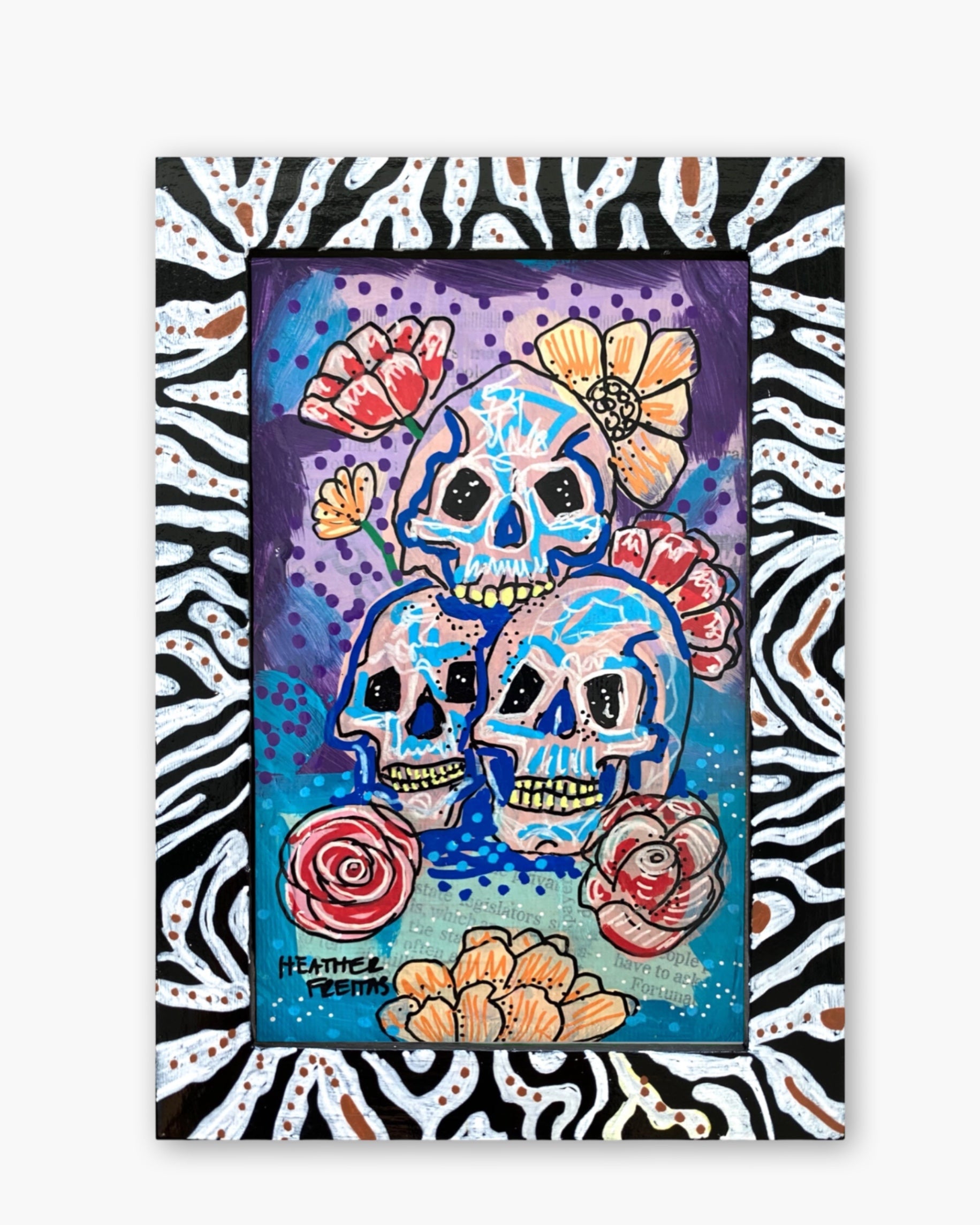 Fiesta Floral Skulls ( Original Painting In Hand Painted Frame )