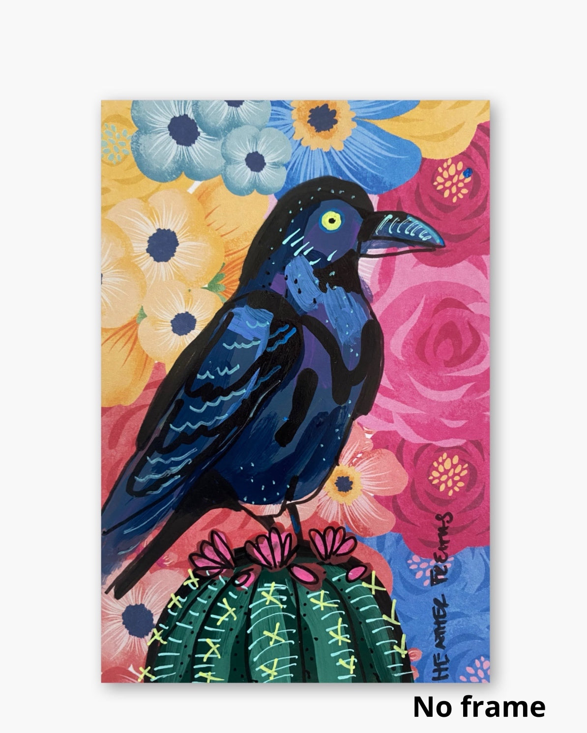 Colorful Floral Raven On Cactus ( Original Painting )