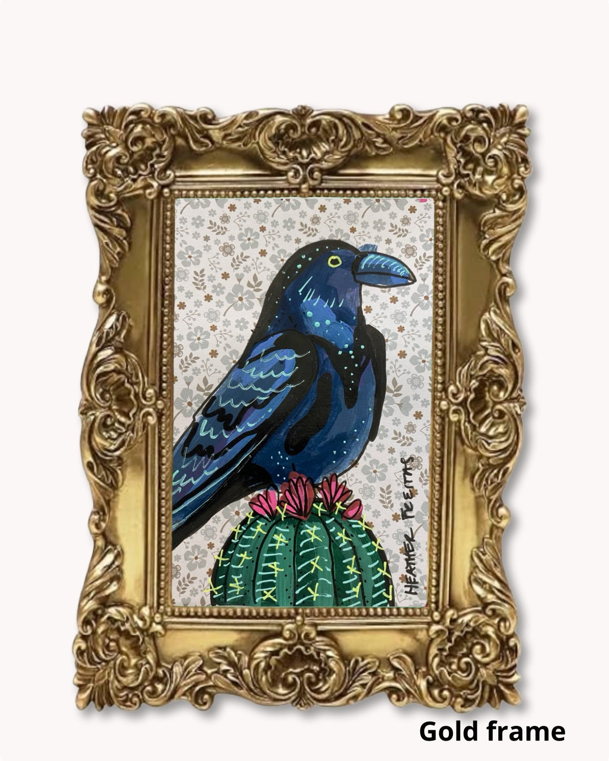 Vibtage Floral Raven On Cactus ( Original Painting )