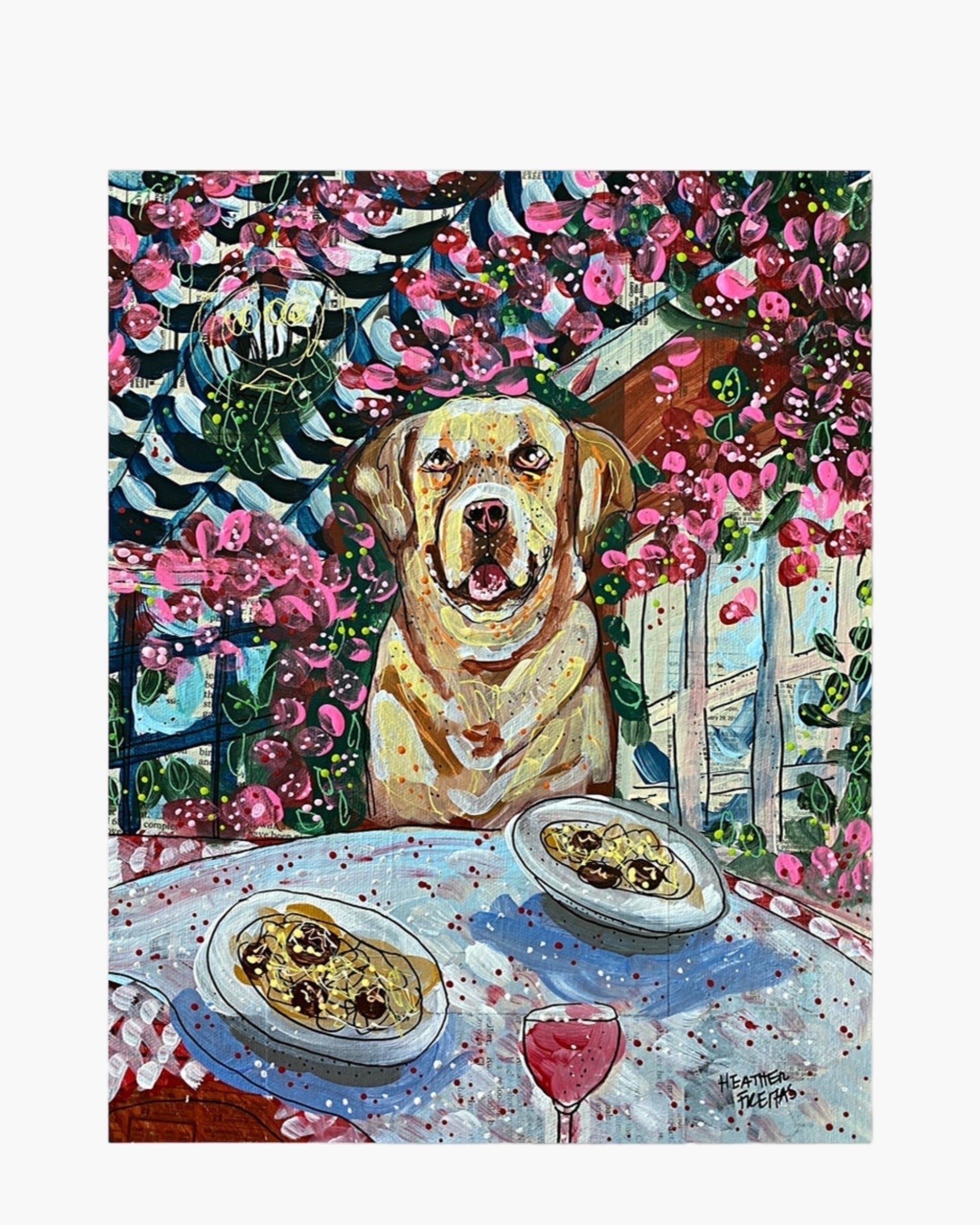 Yellow Labrador At Italian Restaurant - Limited Edition Print