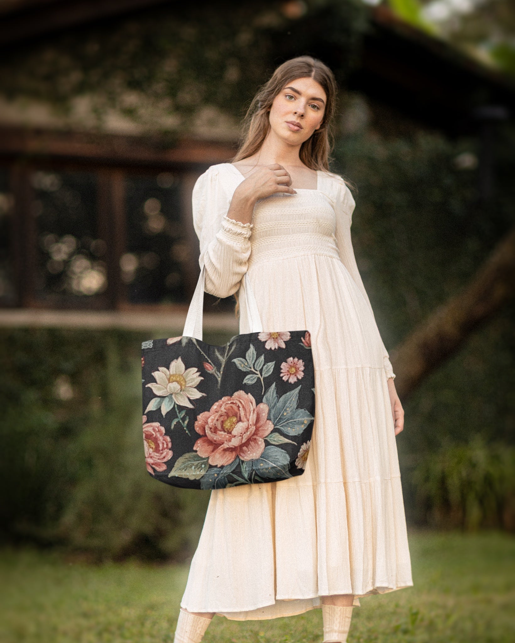 Vintage Black Floral Oversized Tote