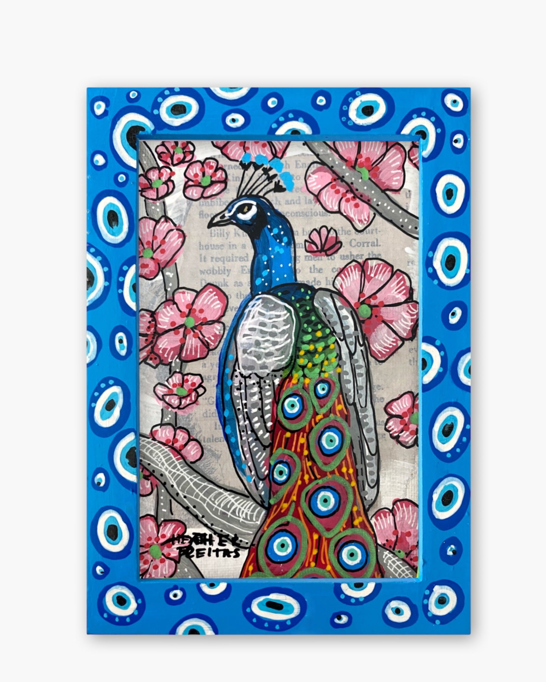 Frosted Cherry Blossom Evil Eye Peacock ( Original Painting In Hand Painted Frame )