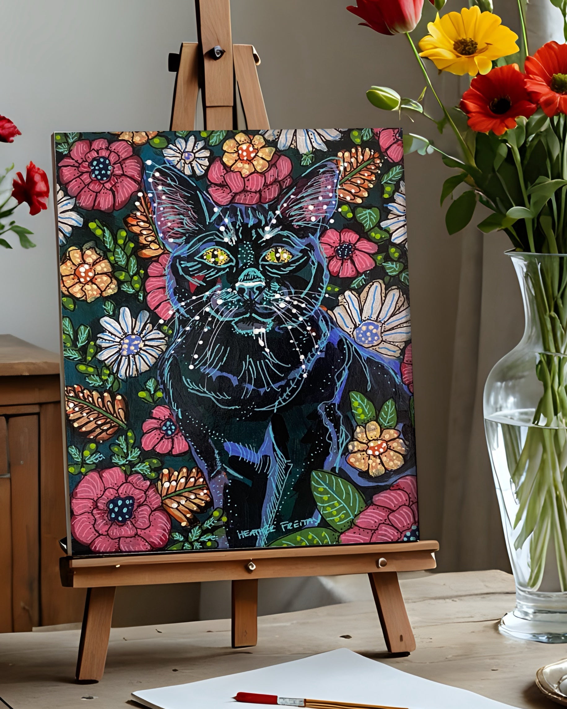 Online Step by Step Painting Class - Floral Black Cat