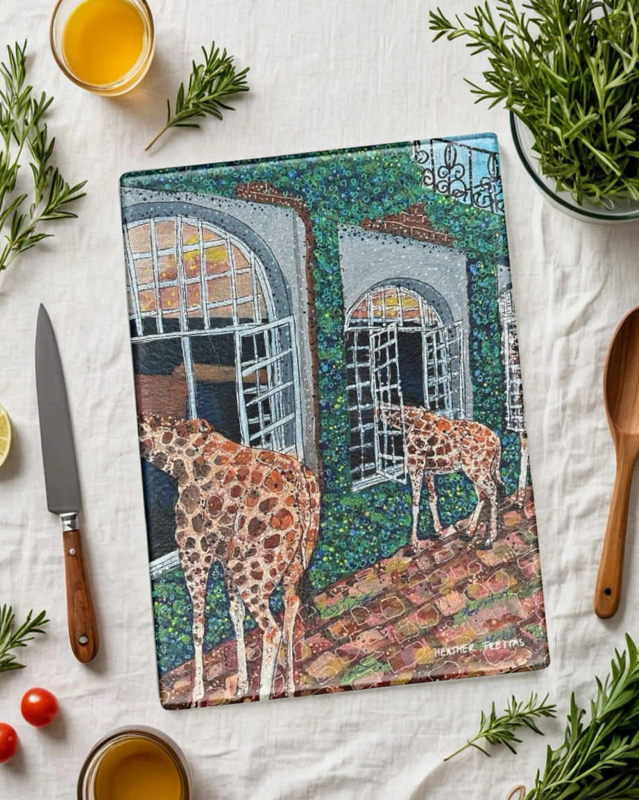 Fine Dining Giraffes Glass Chopping Board Trivet