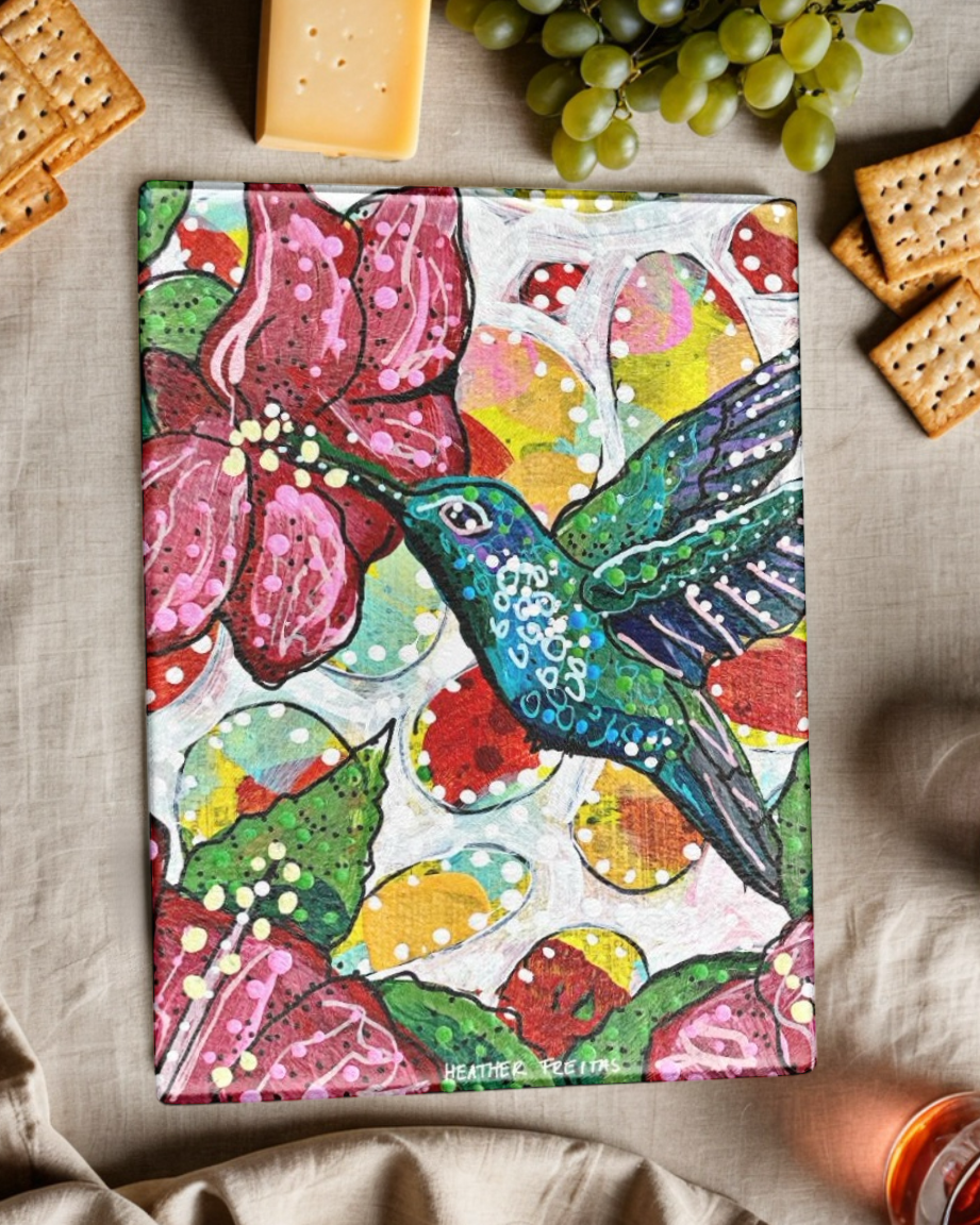 Hibiscus Hummingbird Glass Chopping Board Trivet