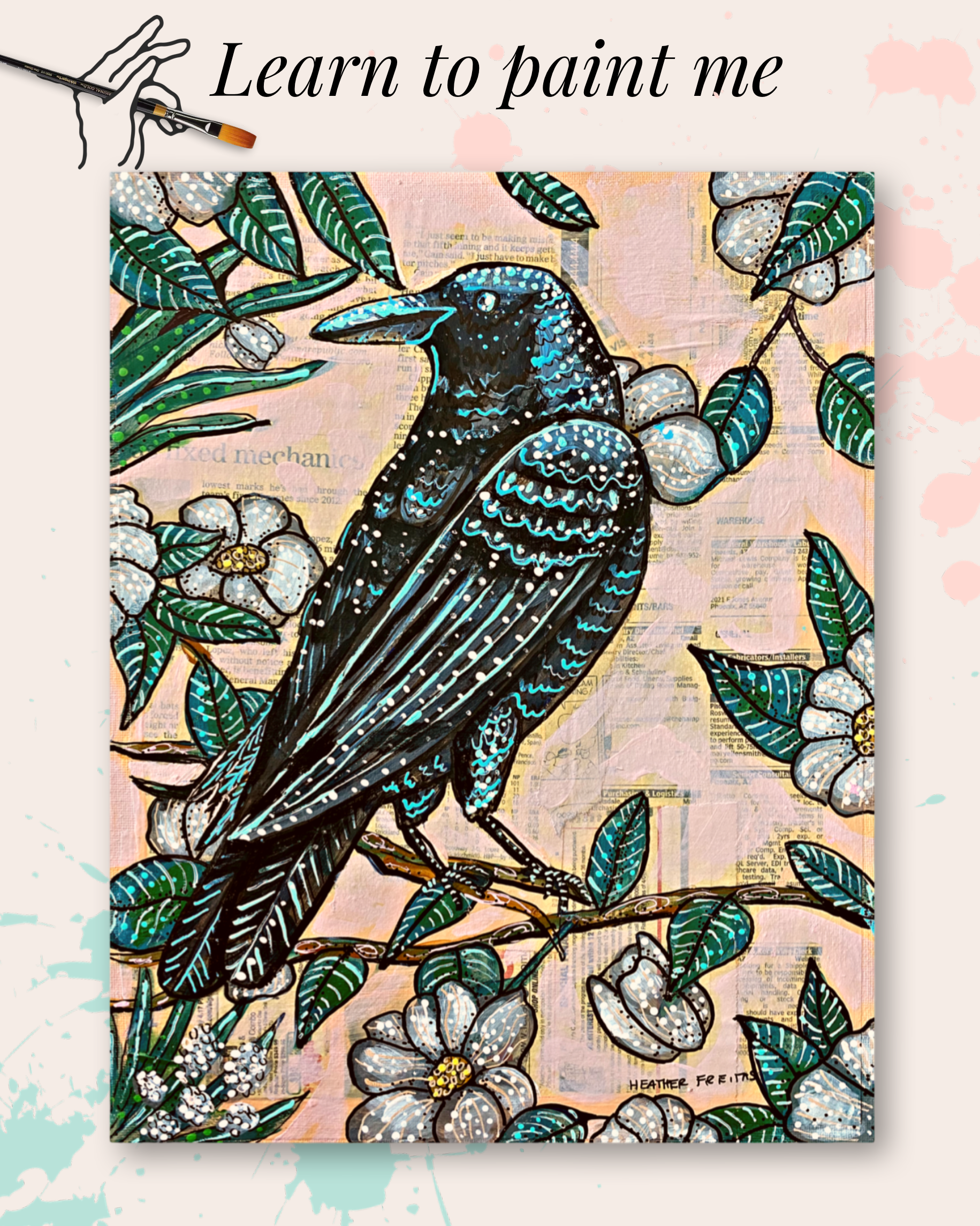 Online Step by Step Painting Class - Vintage Floral Raven