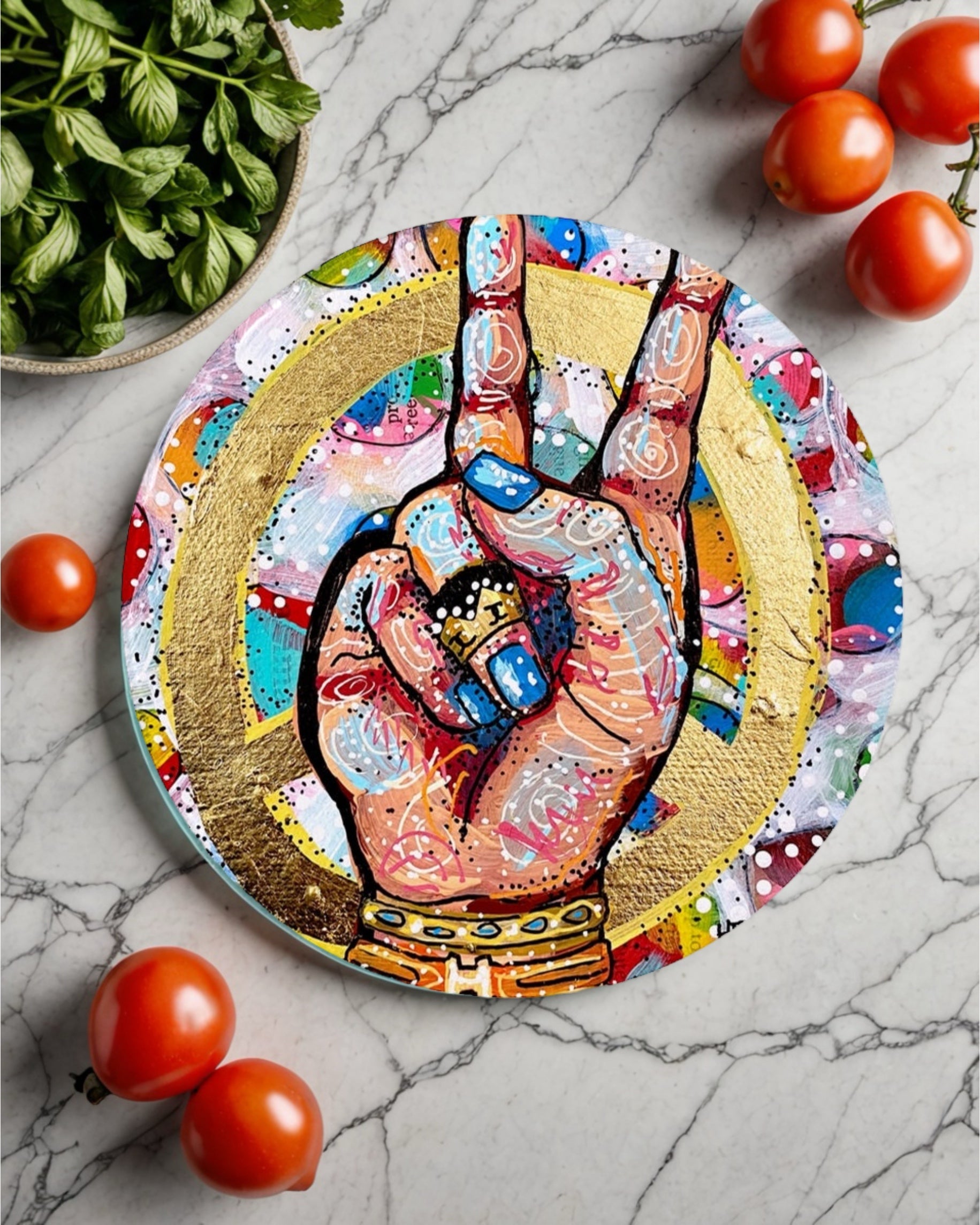 Peace, Love, Fashion & Gold Glass Chopping Board