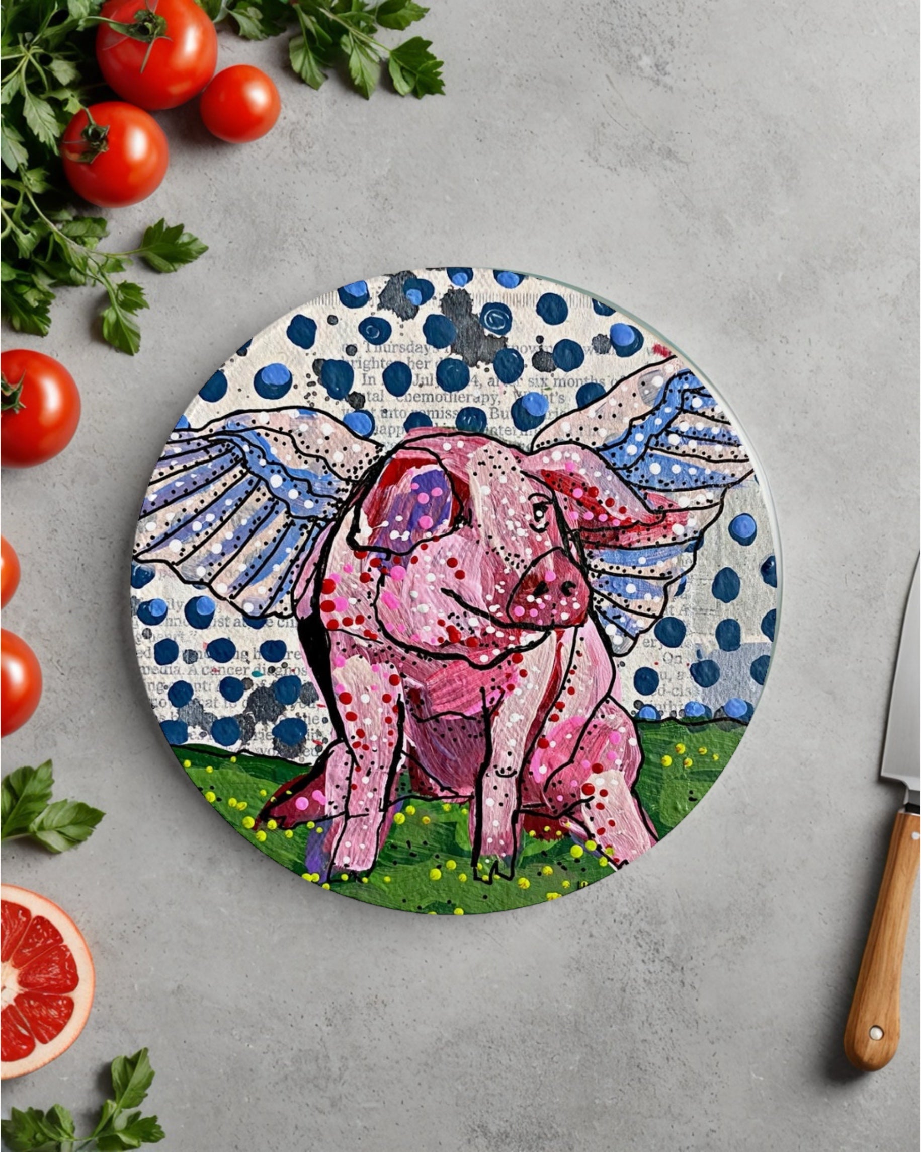 Polka Dot Flying Pig Glass Chopping Board