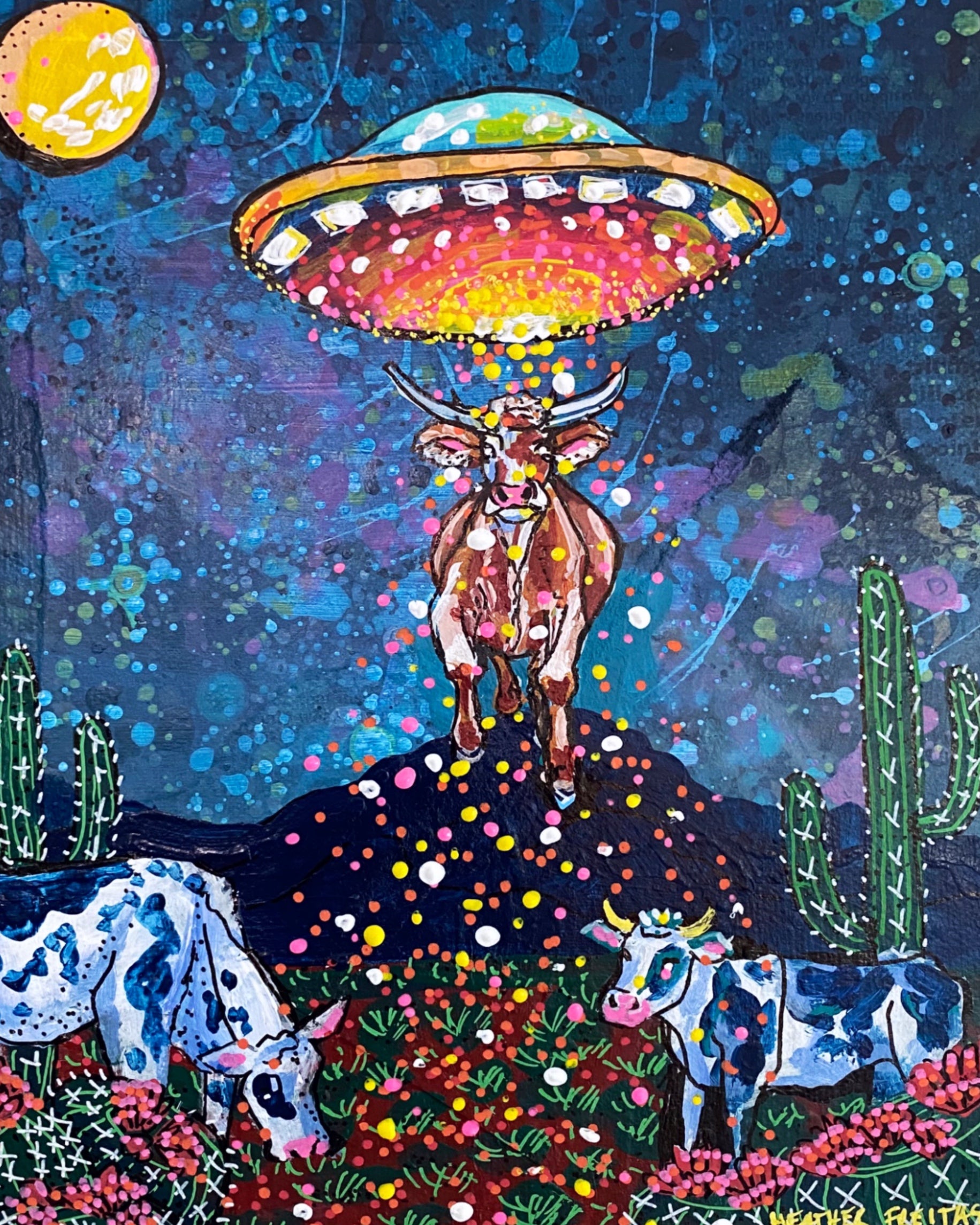 Desert Cow UFO Abduction ( Original Painting )