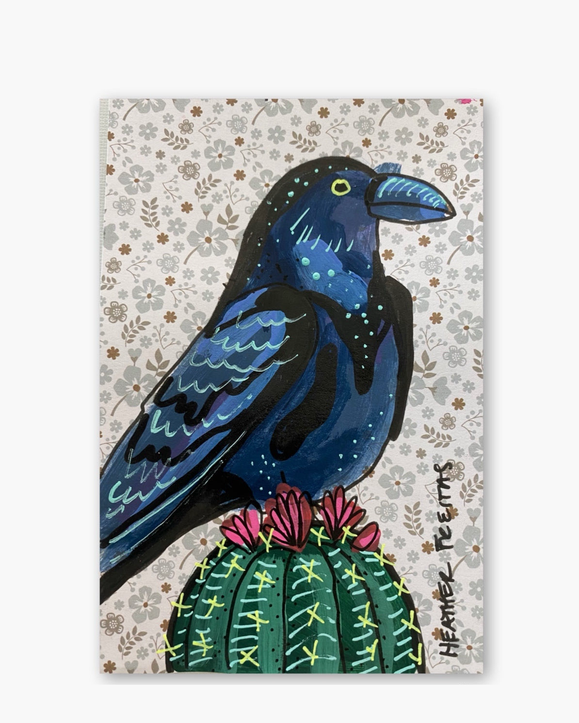 Vintage Floral Raven On Cactus ( Original Painting )