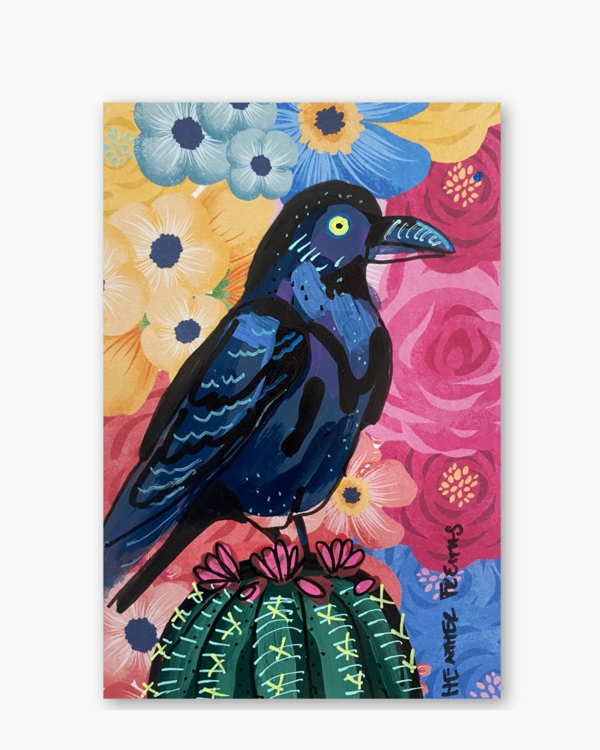 Colorful Floral Raven On Cactus ( Original Painting )