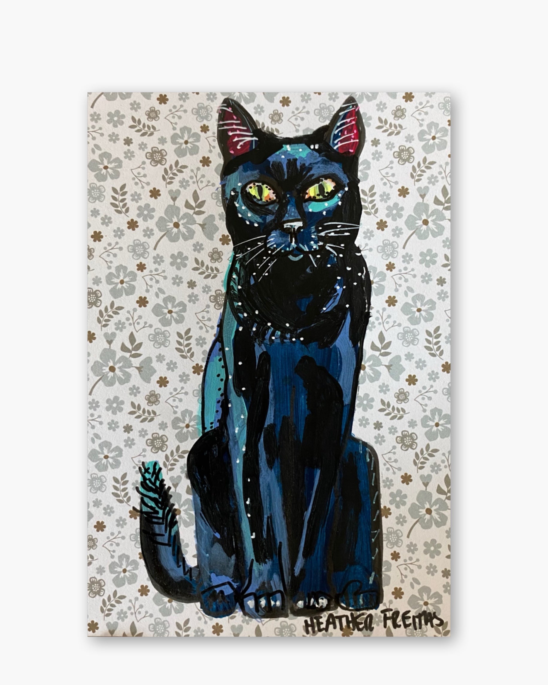 Floral Pattern Black Cat ( Original Painting )