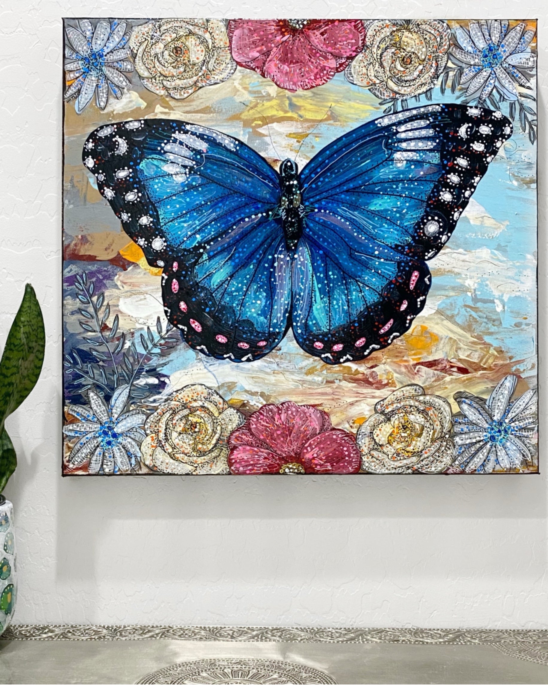 Sky Diamonds Butterfly Floral ( Original Painting ) - Heather Freitas - fine art home deccor