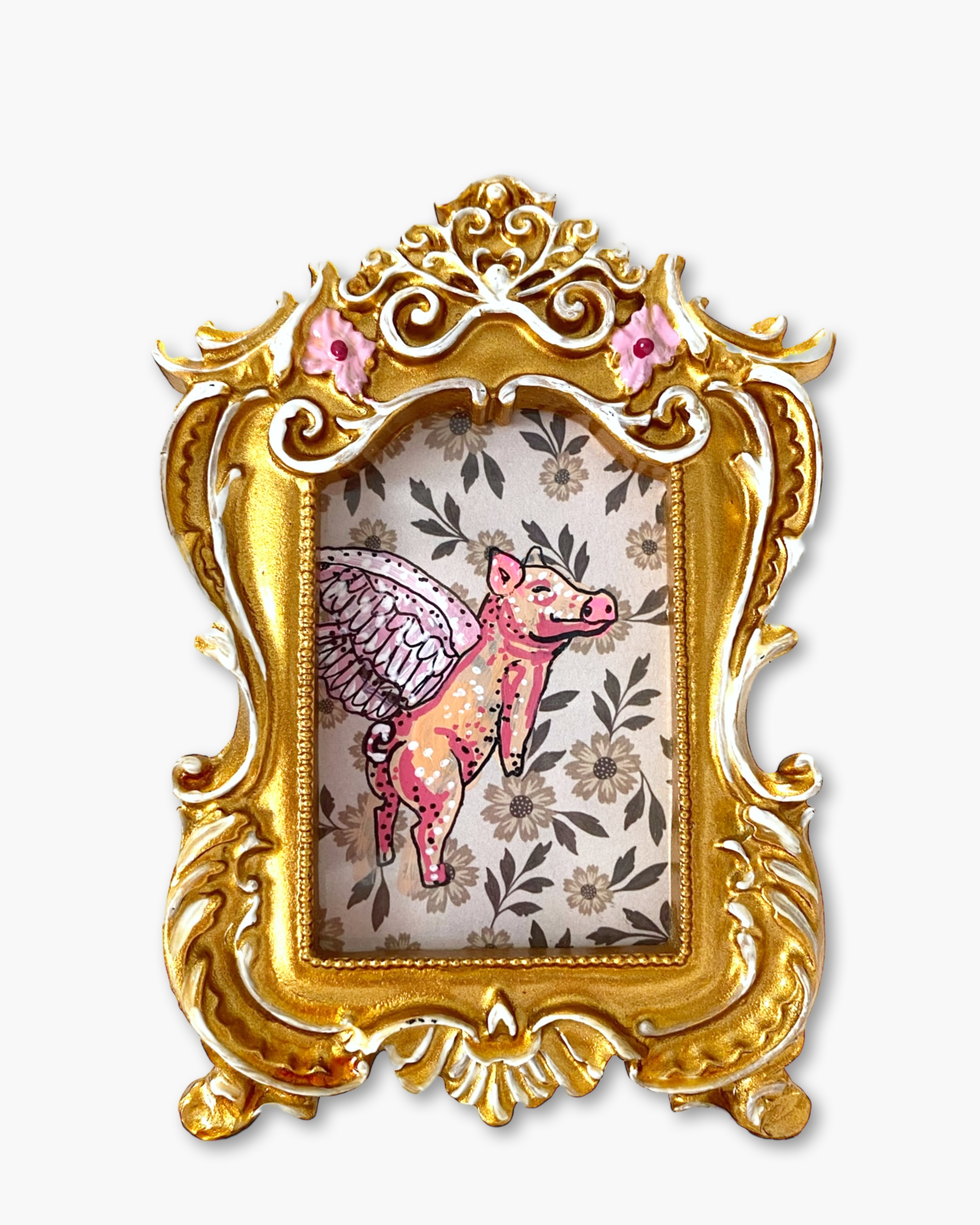 Vintage Floral Flying Pig ( Mini Original Painting )