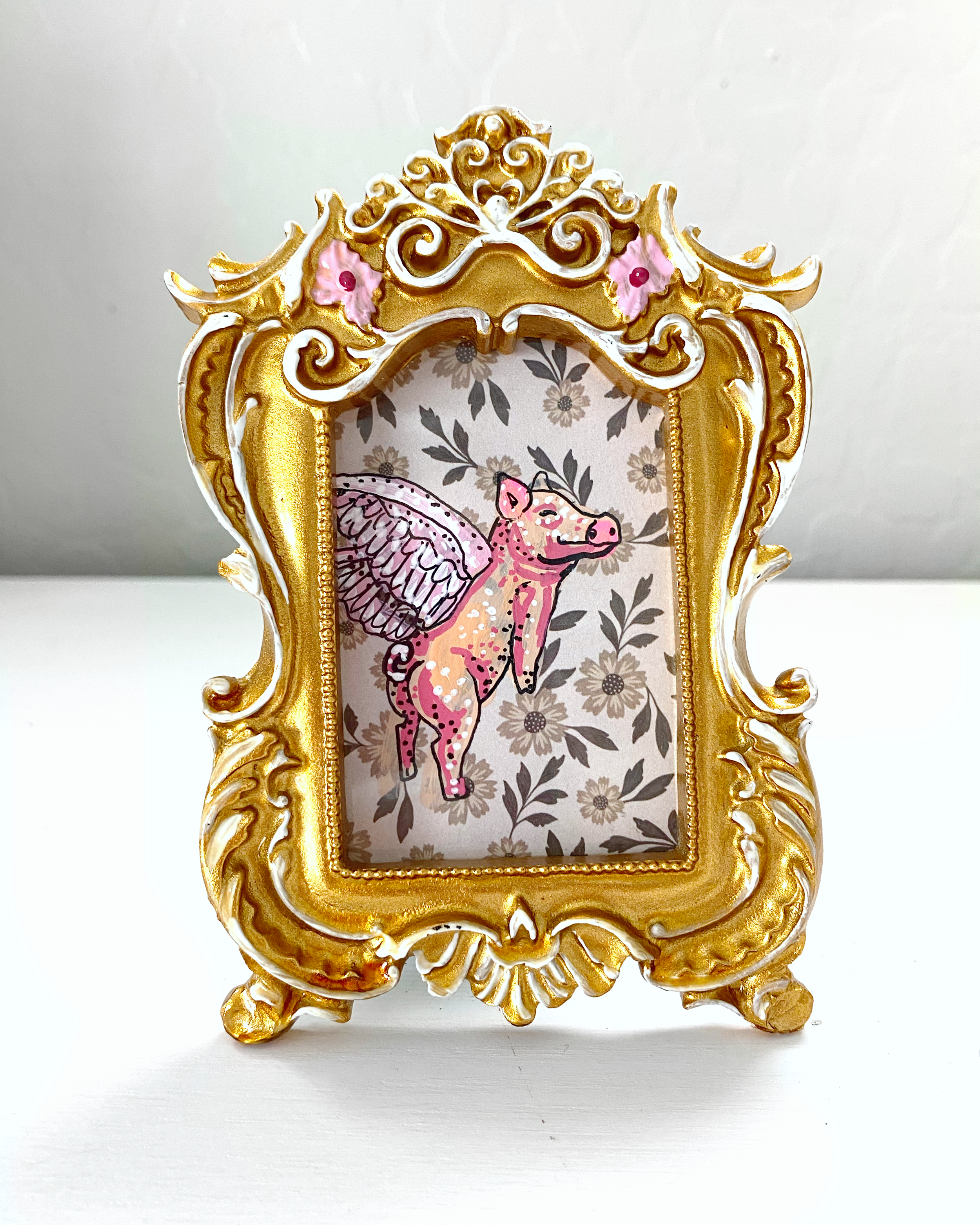 Vintage Floral Flying Pig ( Mini Original Painting )