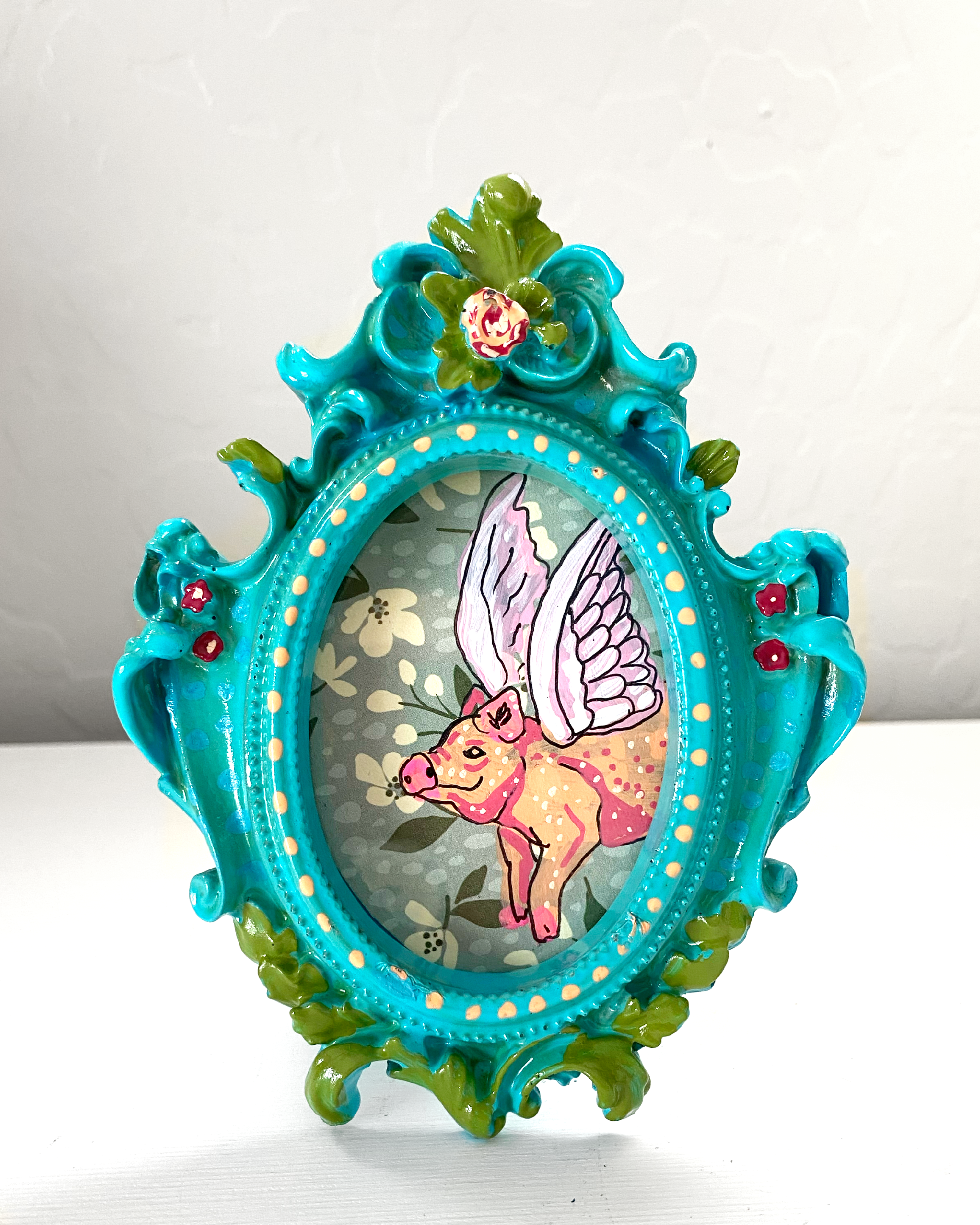 Blue Floral Flying Pig ( Mini Original Painting )