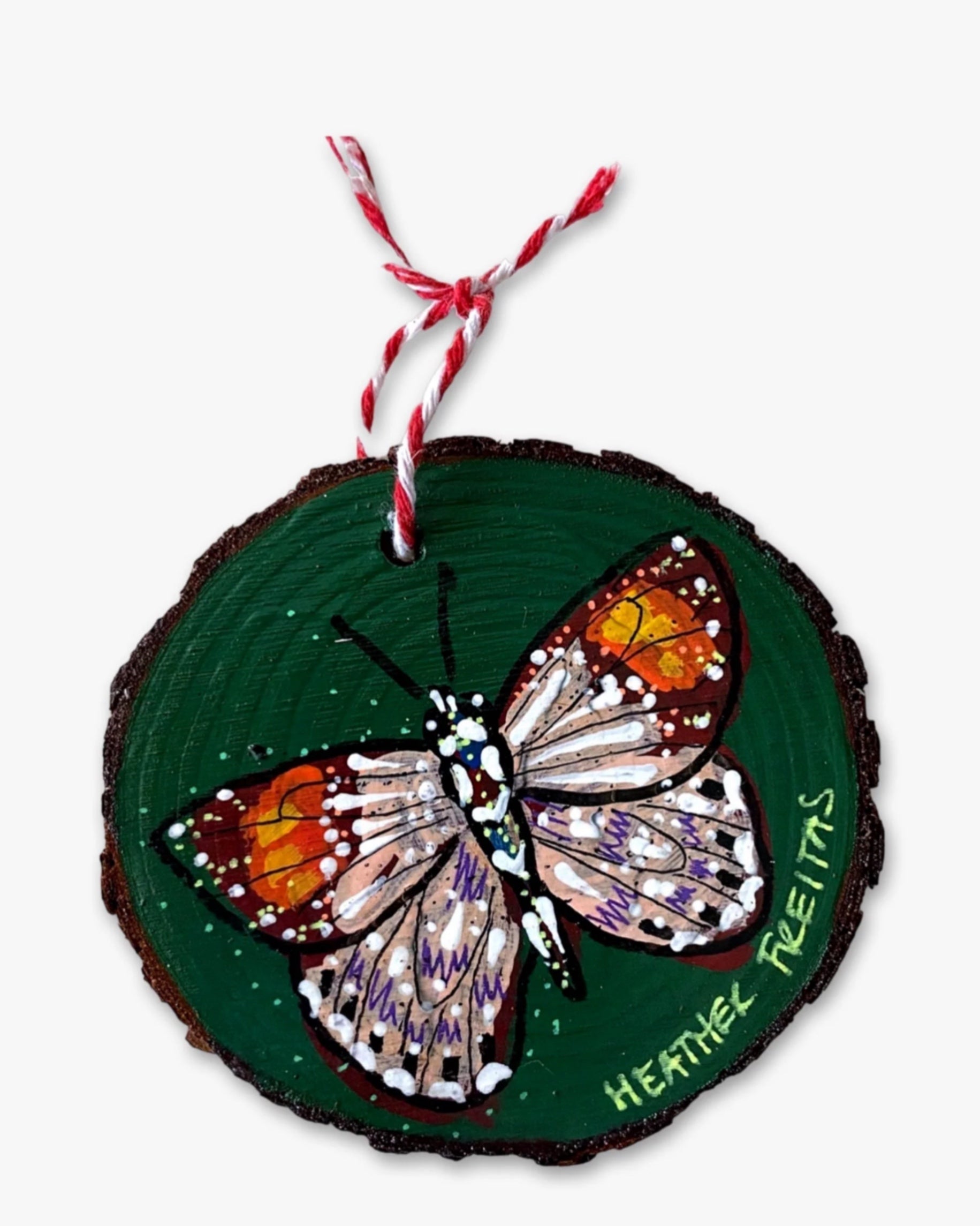 Forest Green & Tangerine Frost Butterfly - Hand Painted Ornament