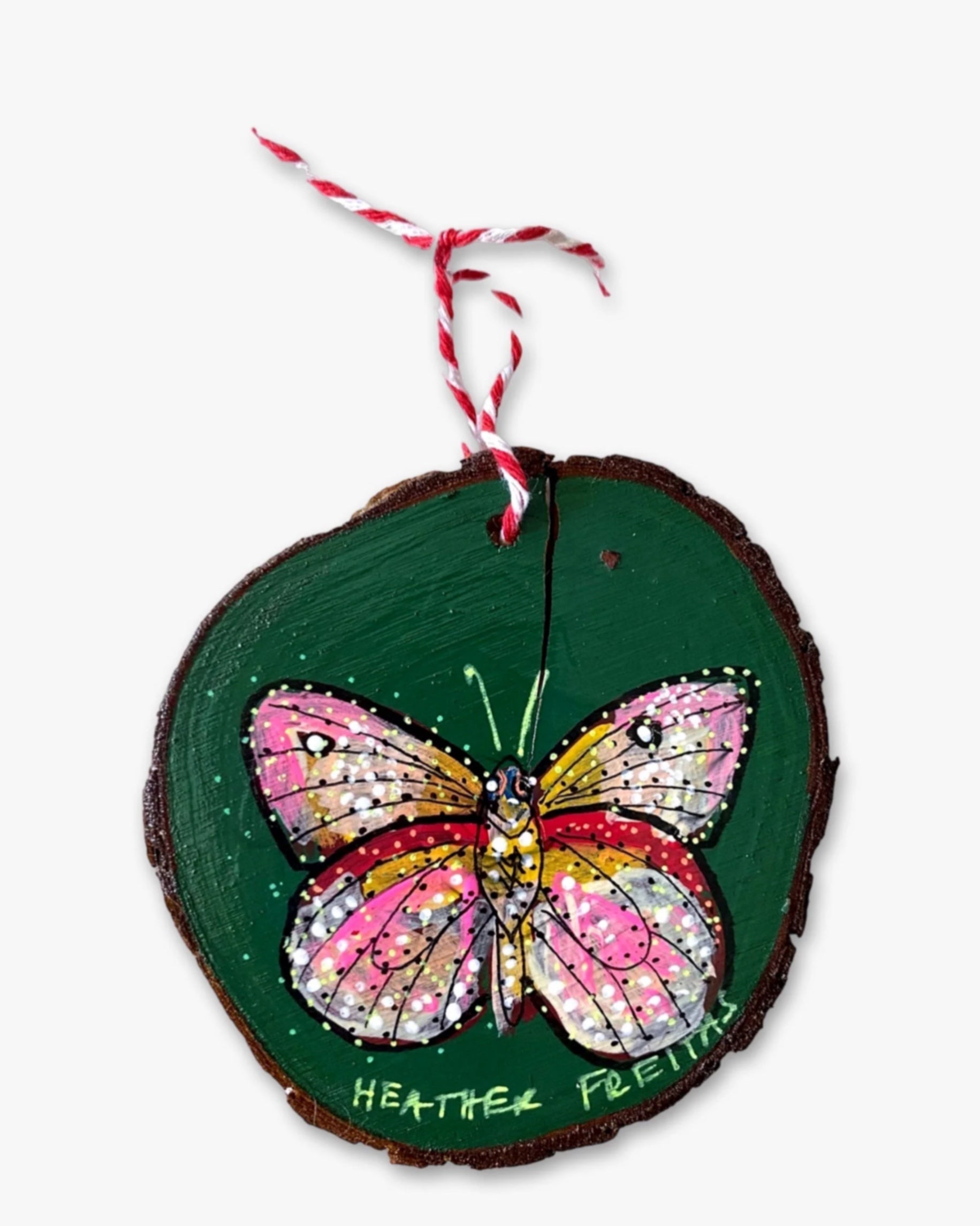 Forest Green & Pink Frost Butterfly - Hand Painted Ornament