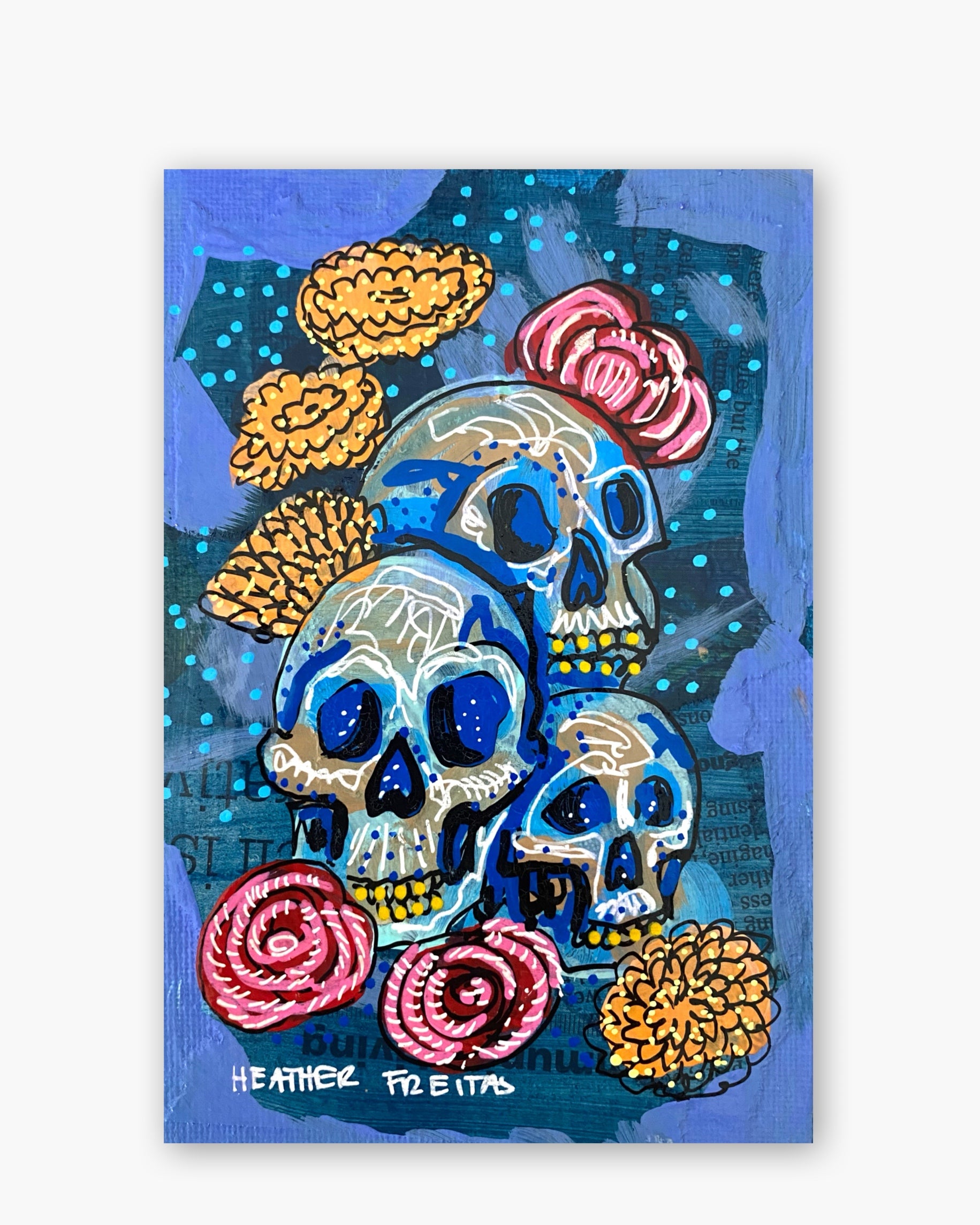 Midnight Floral Skulls ( Original Painting In Hand Painted Frame )